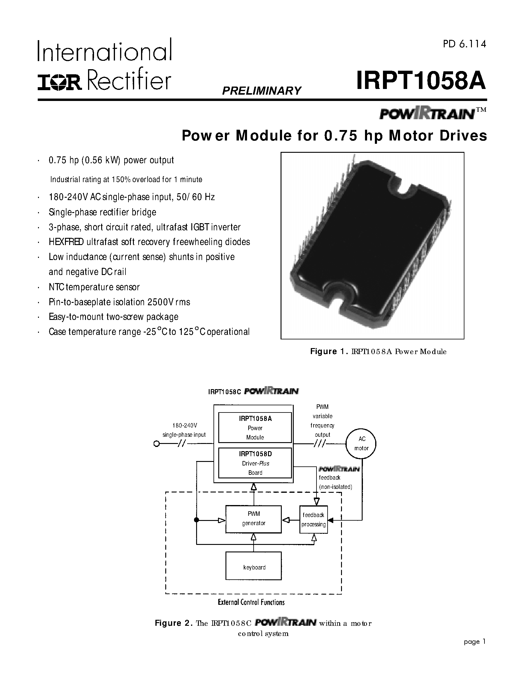 Datasheet IRPT1058A page 1 Datasheet IRPT1058A - Power Module for 0.75 hp Motor Drives page 1