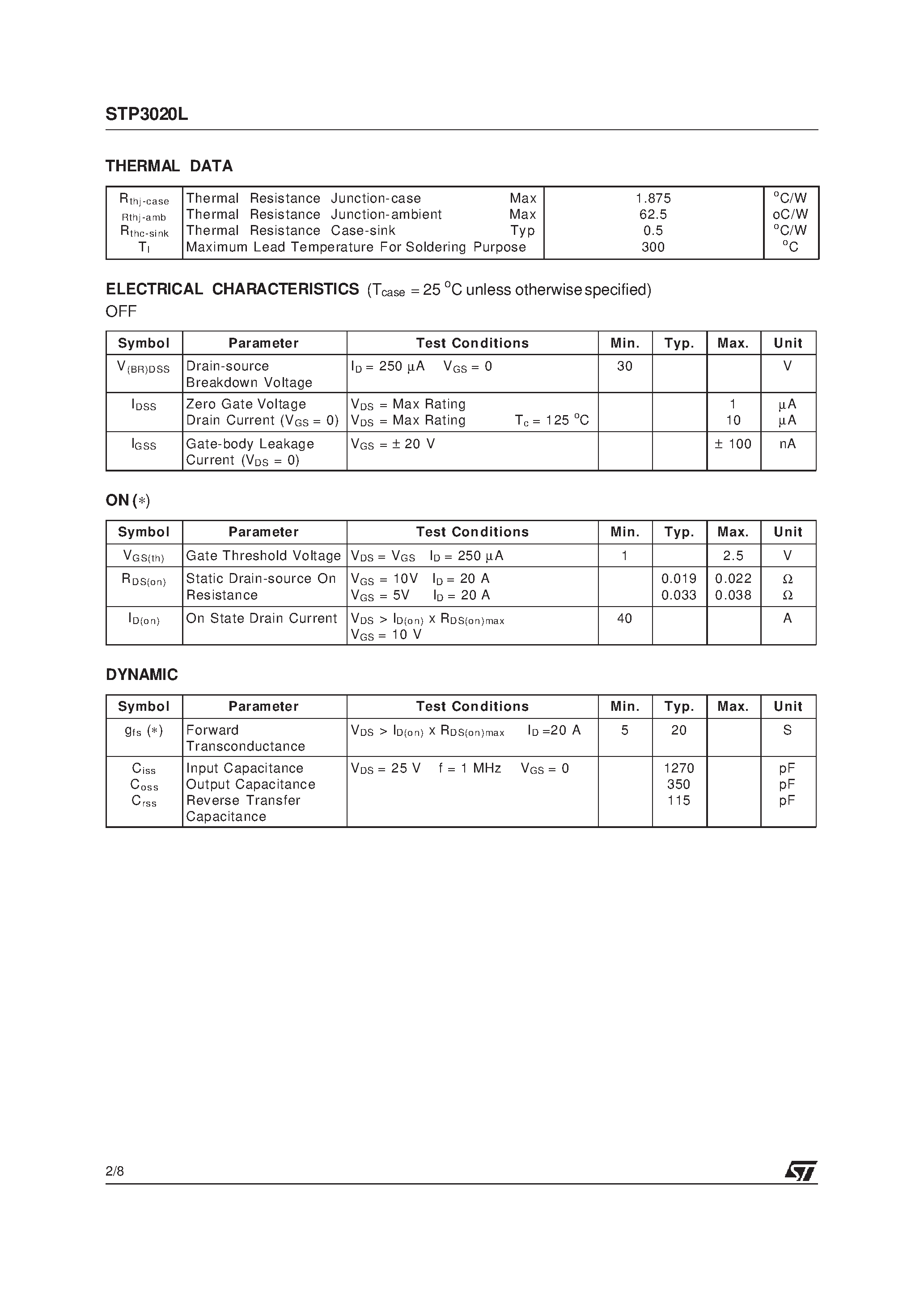 Даташит на микросхему STP3020L страница 2 Даташит STP3020L - N - CHANNEL POWER MOSFET страница 2