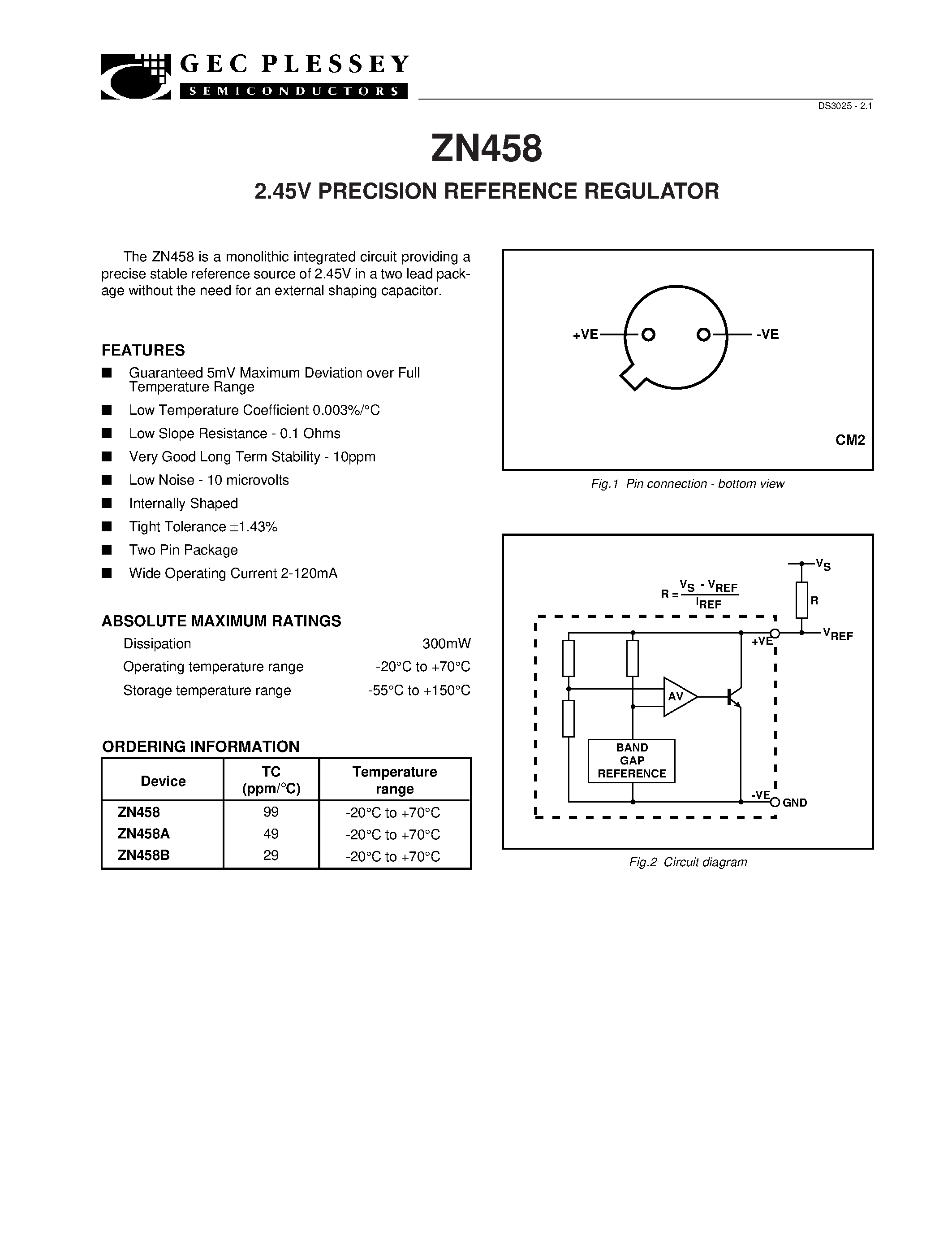 Datasheet ZN458 page 2 Datasheet ZN458 - 2.45V Precision Reference Regulator page 2