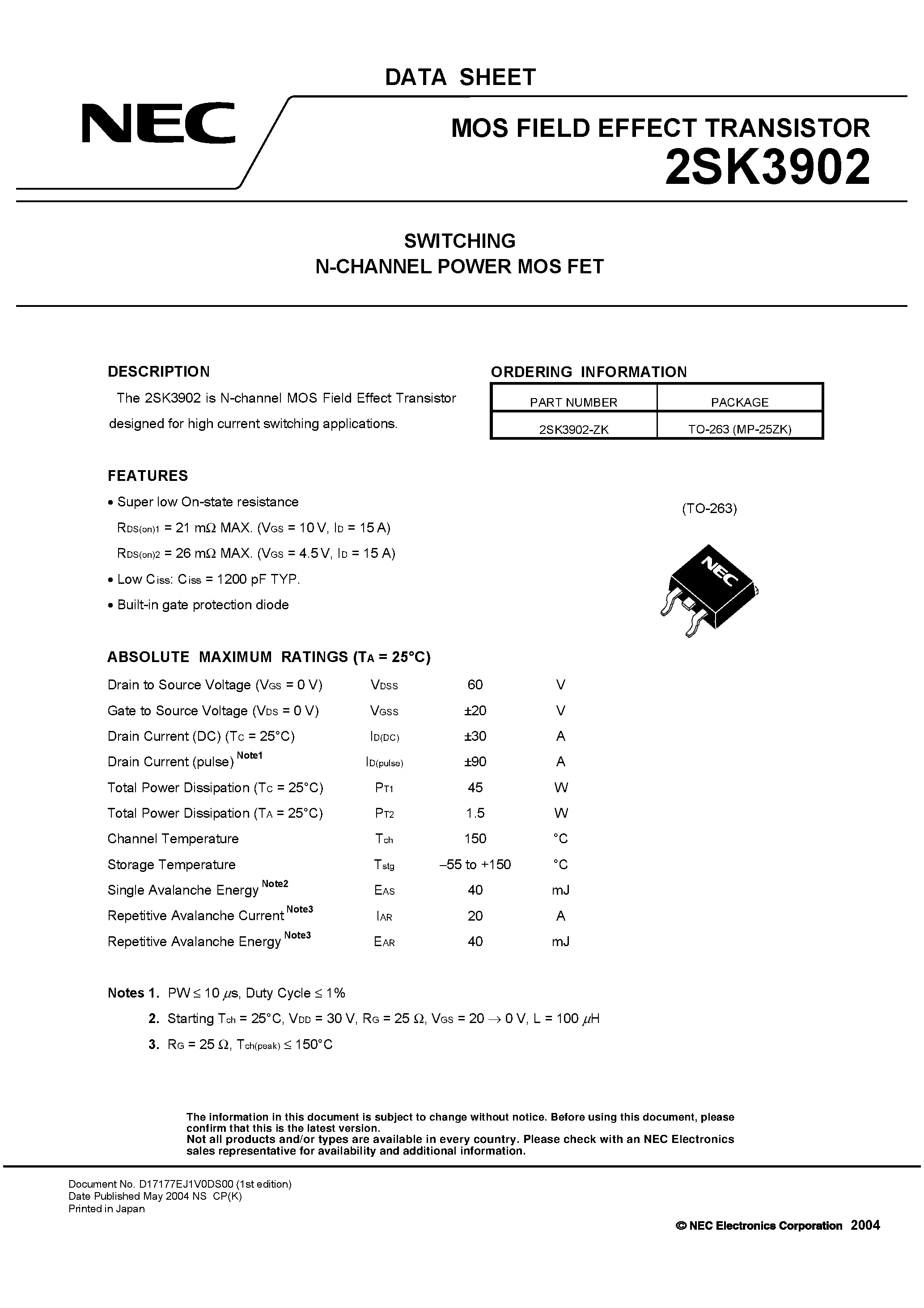 Datasheet 2SK3902 - SWITCHING N-CHANNEL POWER MOSFET page 1