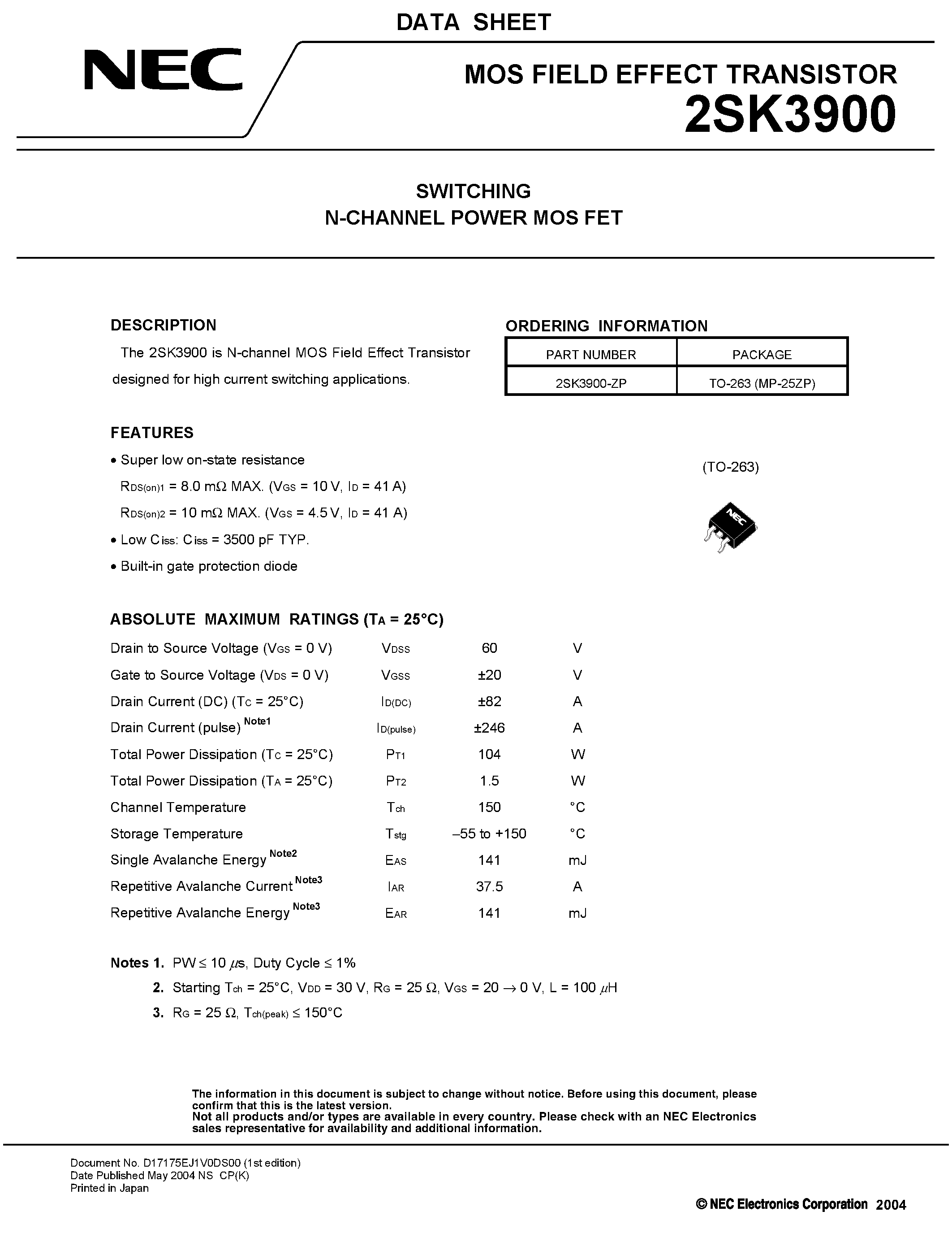 Datasheet 2SK3900 - SWITCHING N-CHANNEL POWER MOSFET page 1