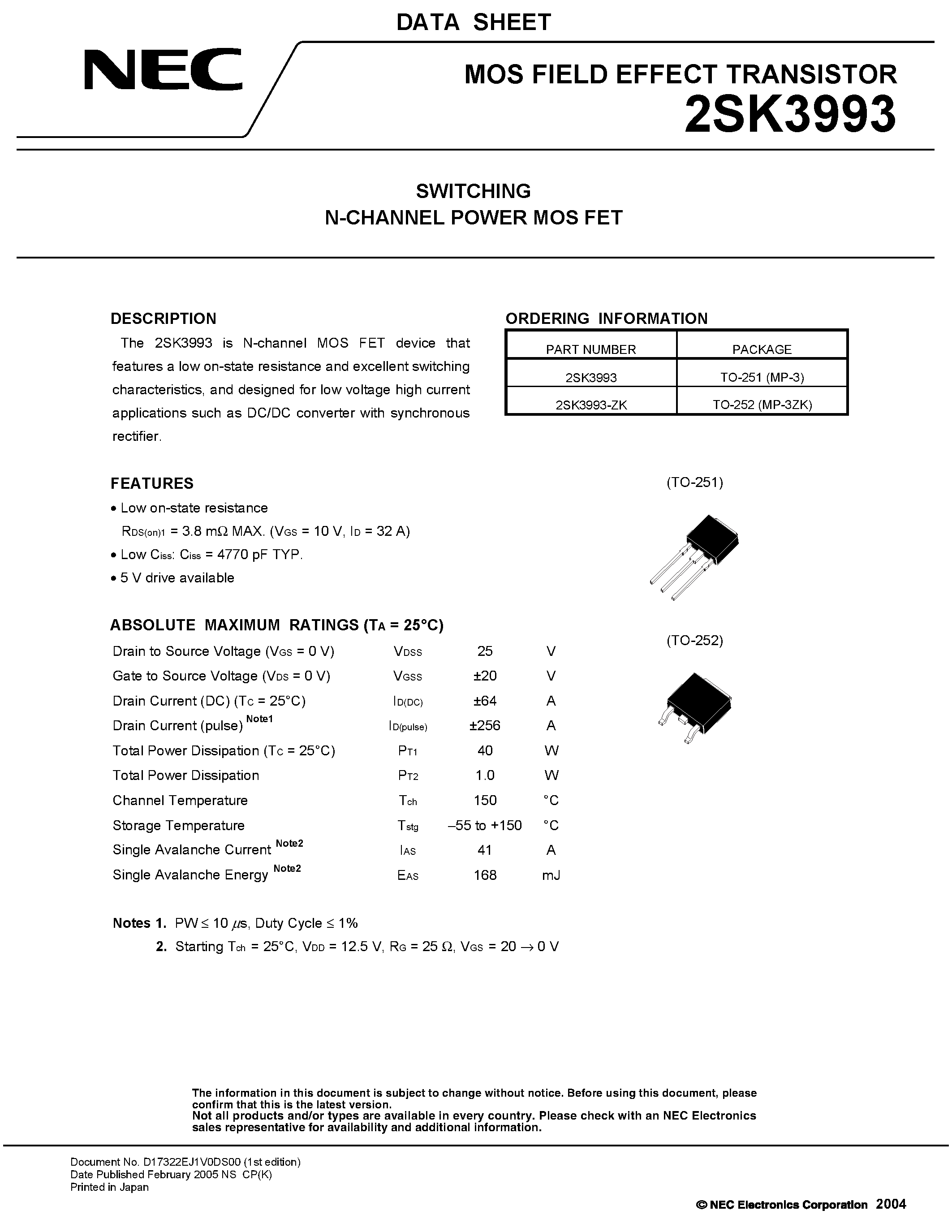 Datasheet 2SK3993 - SWITCHING N-CHANNEL POWER MOSFET page 1