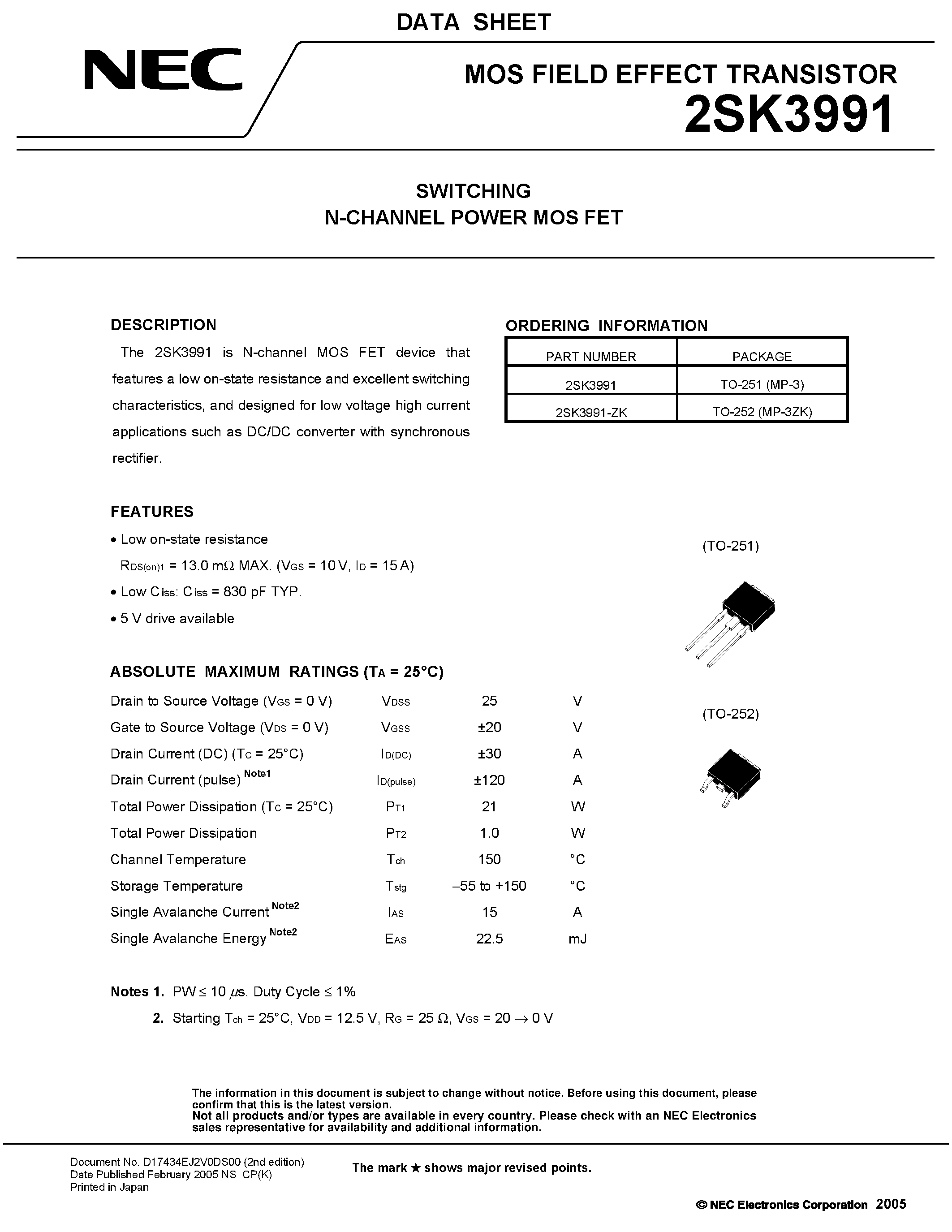 Datasheet 2SK3991 - SWITCHING N-CHANNEL POWER MOSFET page 1