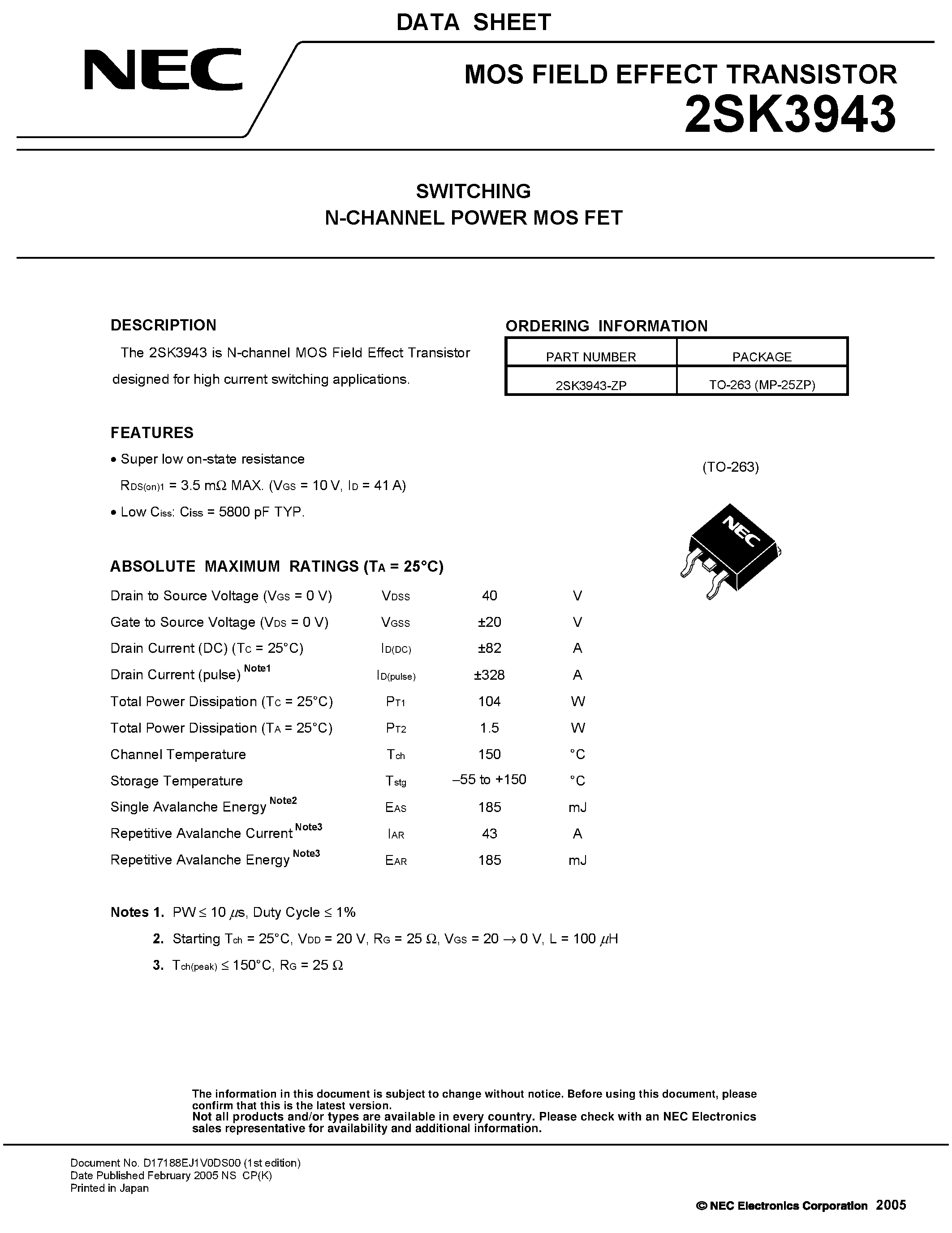Datasheet 2SK3943 - SWITCHING N-CHANNEL POWER MOSFET page 1