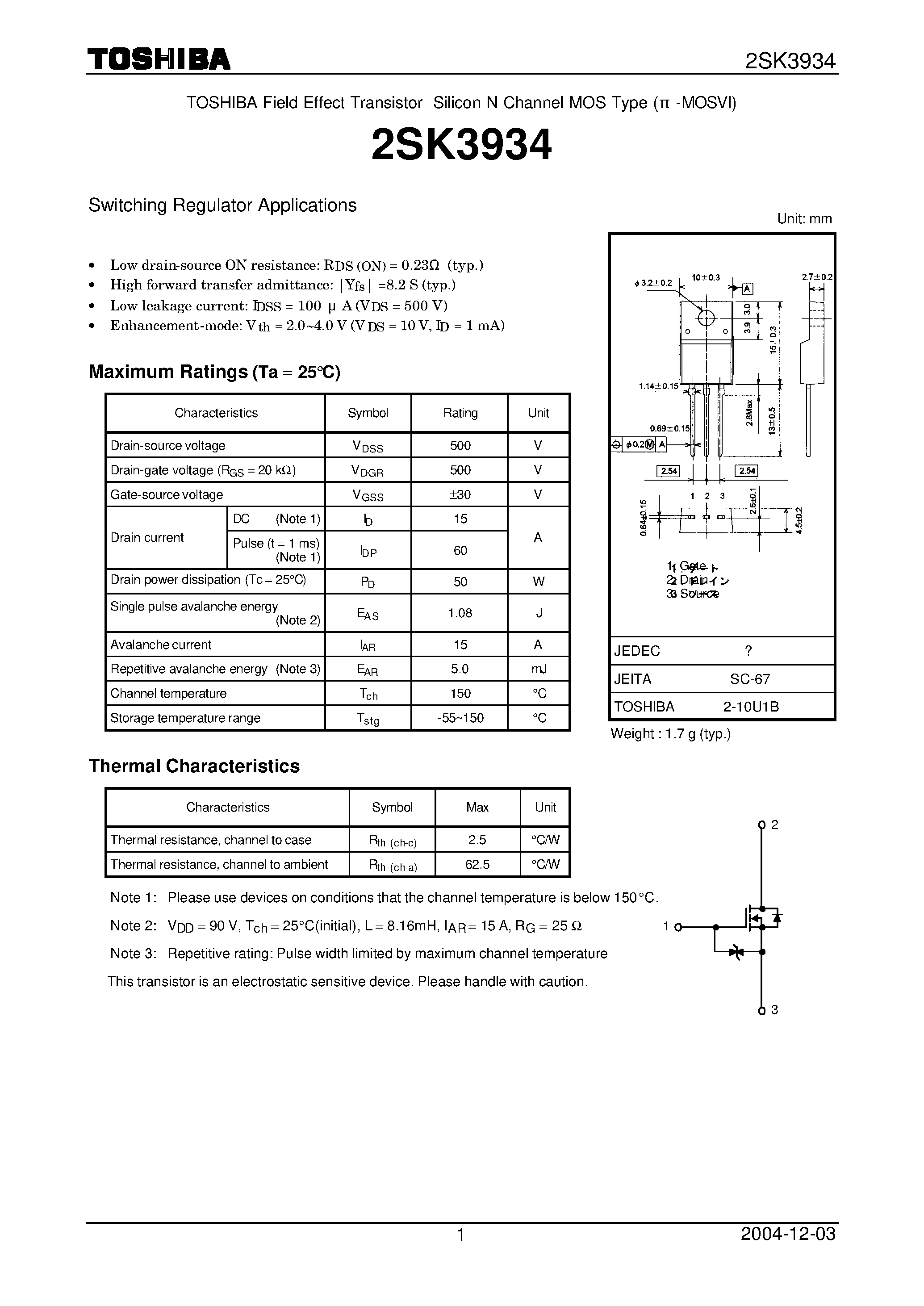 Datasheet 2SK3934 - TOSHIBA Field Effect Transistor Silicon N Channel MOS Type (-MOSVI) page 1