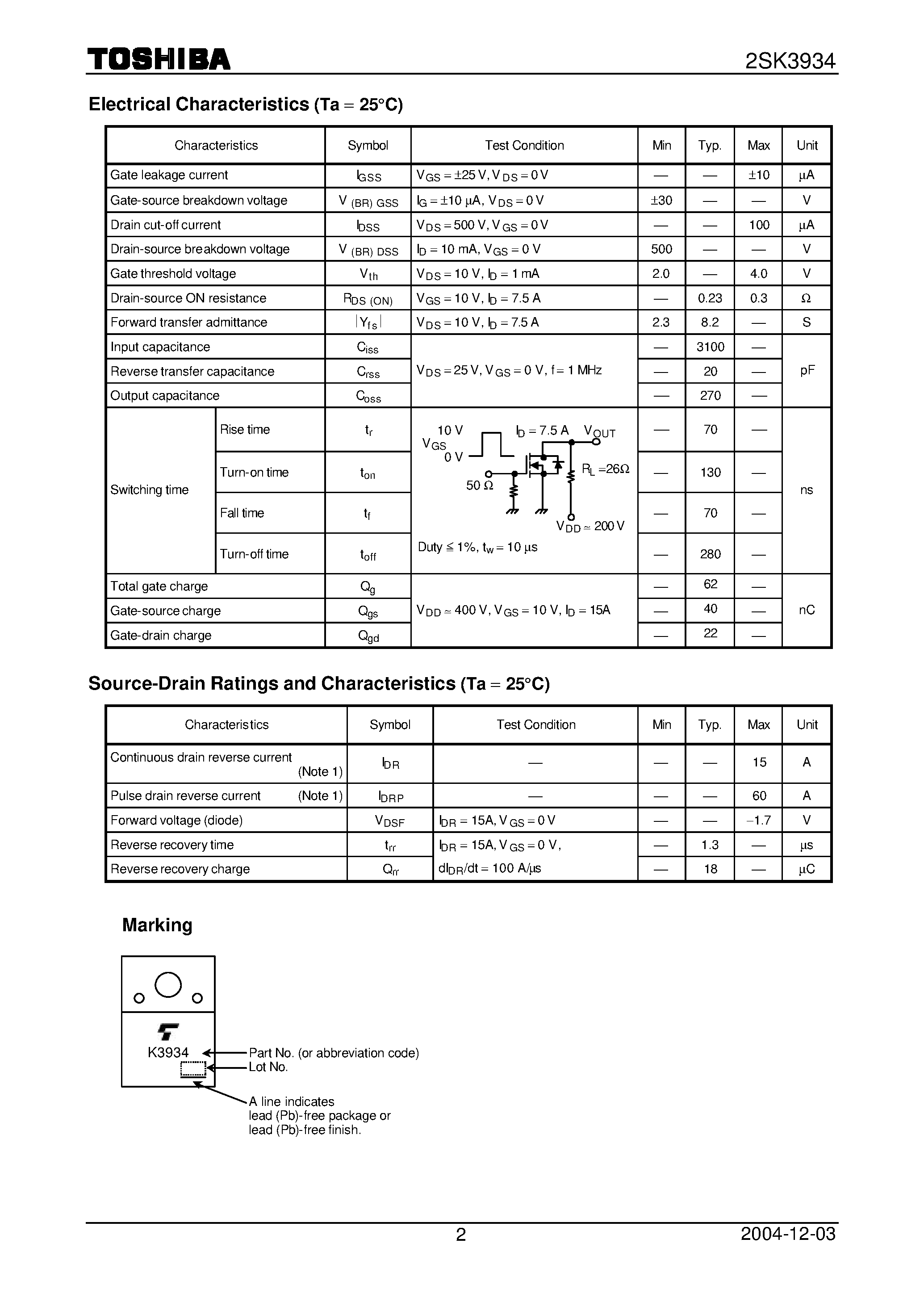 Datasheet 2SK3934 - TOSHIBA Field Effect Transistor Silicon N Channel MOS Type (-MOSVI) page 2
