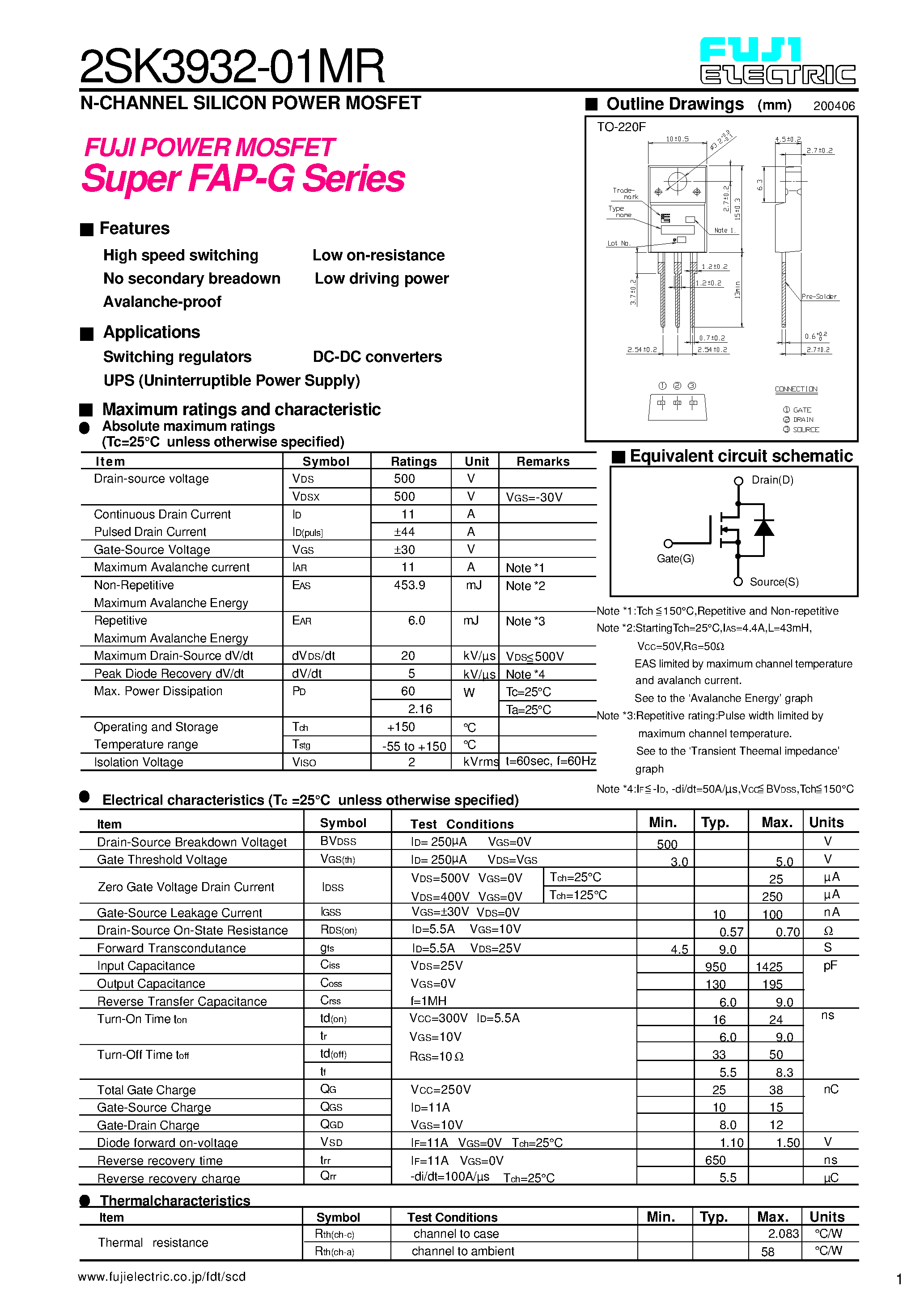 Datasheet 2SK3932-01MR page 1 Datasheet 2SK3932-01MR - N-CHANNEL SILICON POWER MOSFET page 1