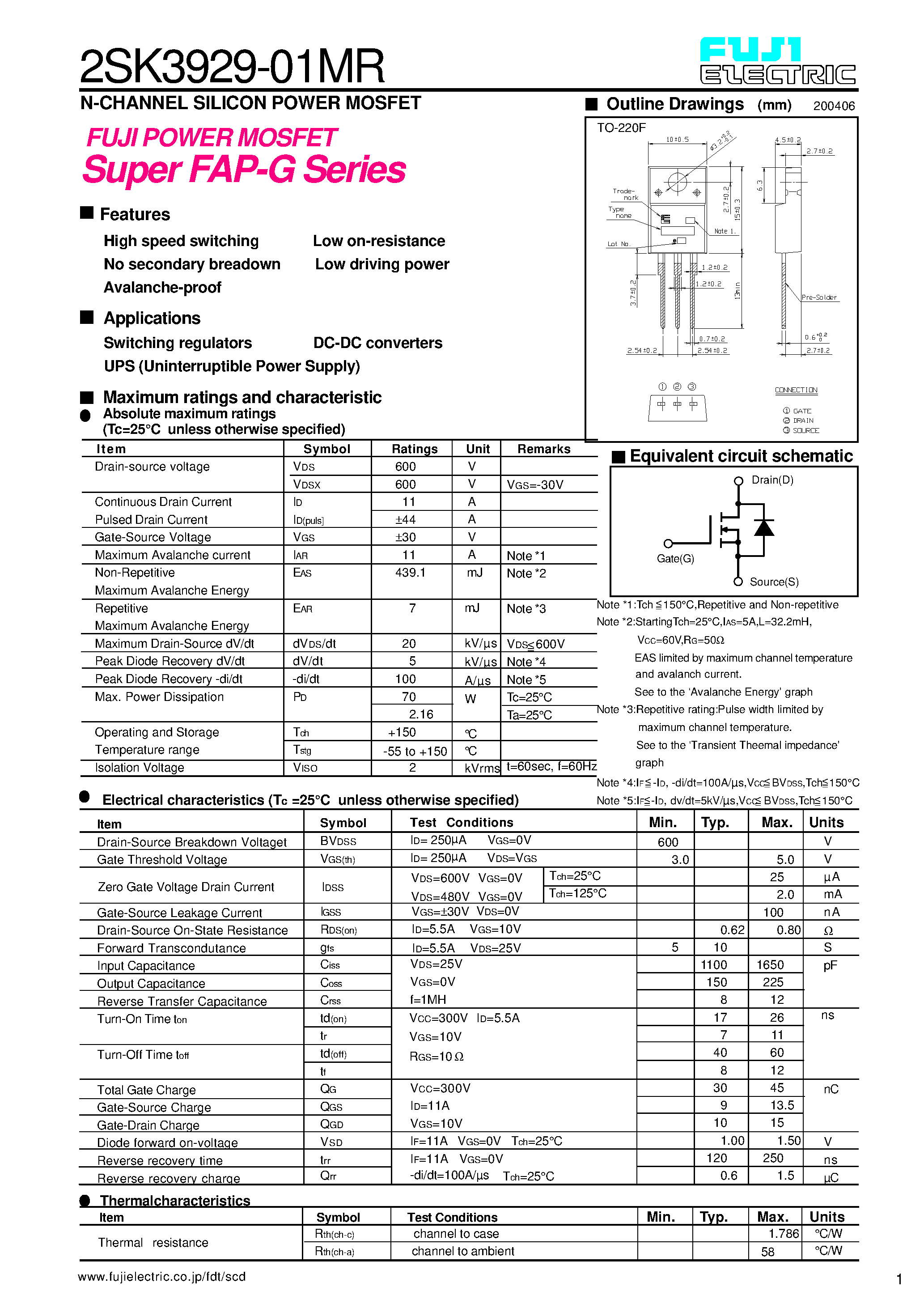 Datasheet 2SK3929-01MR page 1 Datasheet 2SK3929-01MR - N-CHANNEL SILICON POWER MOSFET page 1