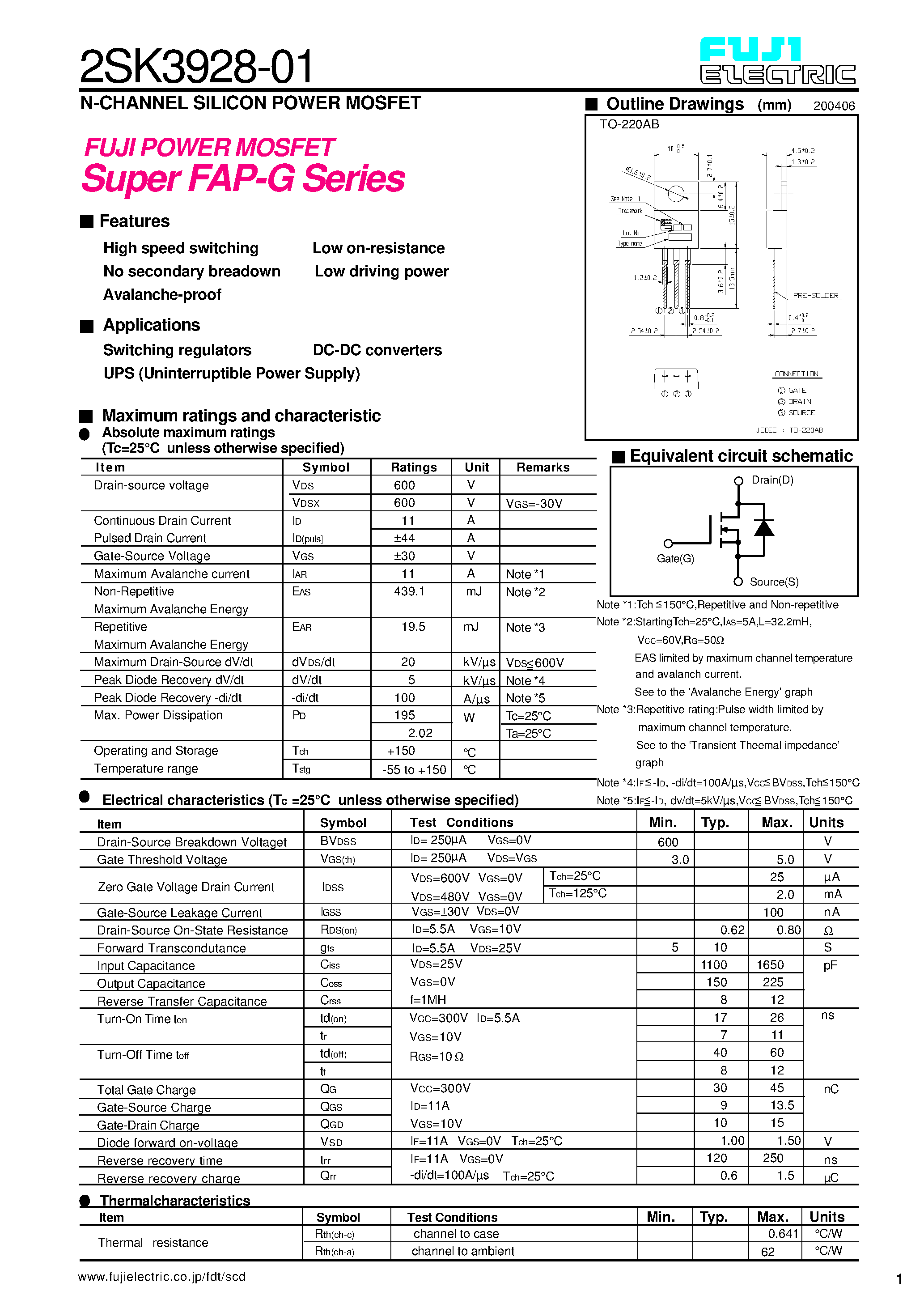 Datasheet 2SK3928-01 - N-CHANNEL SILICON POWER MOSFET page 1