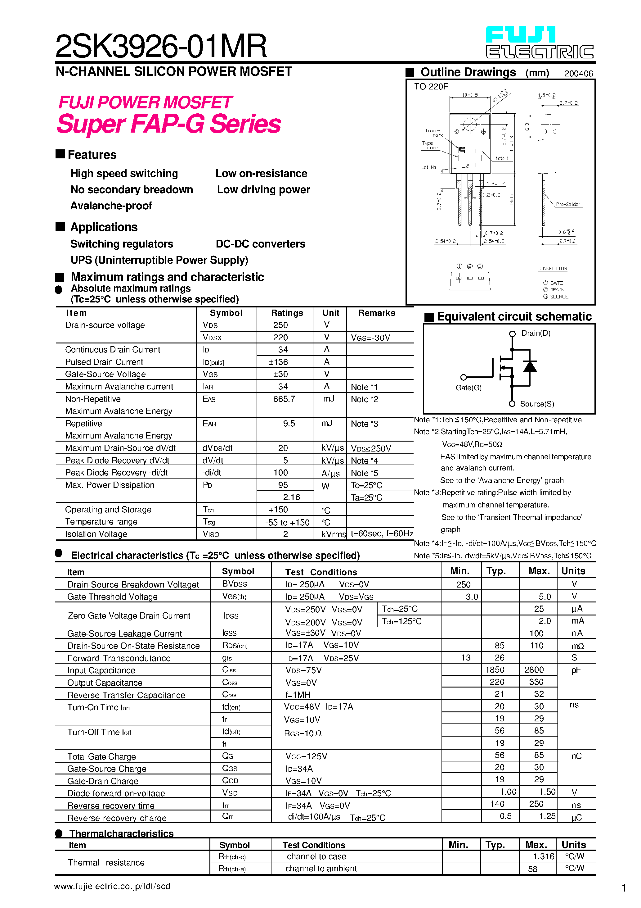 Datasheet 2SK3926-01MR page 1 Datasheet 2SK3926-01MR - N-CHANNEL SILICON POWER MOSFET page 1