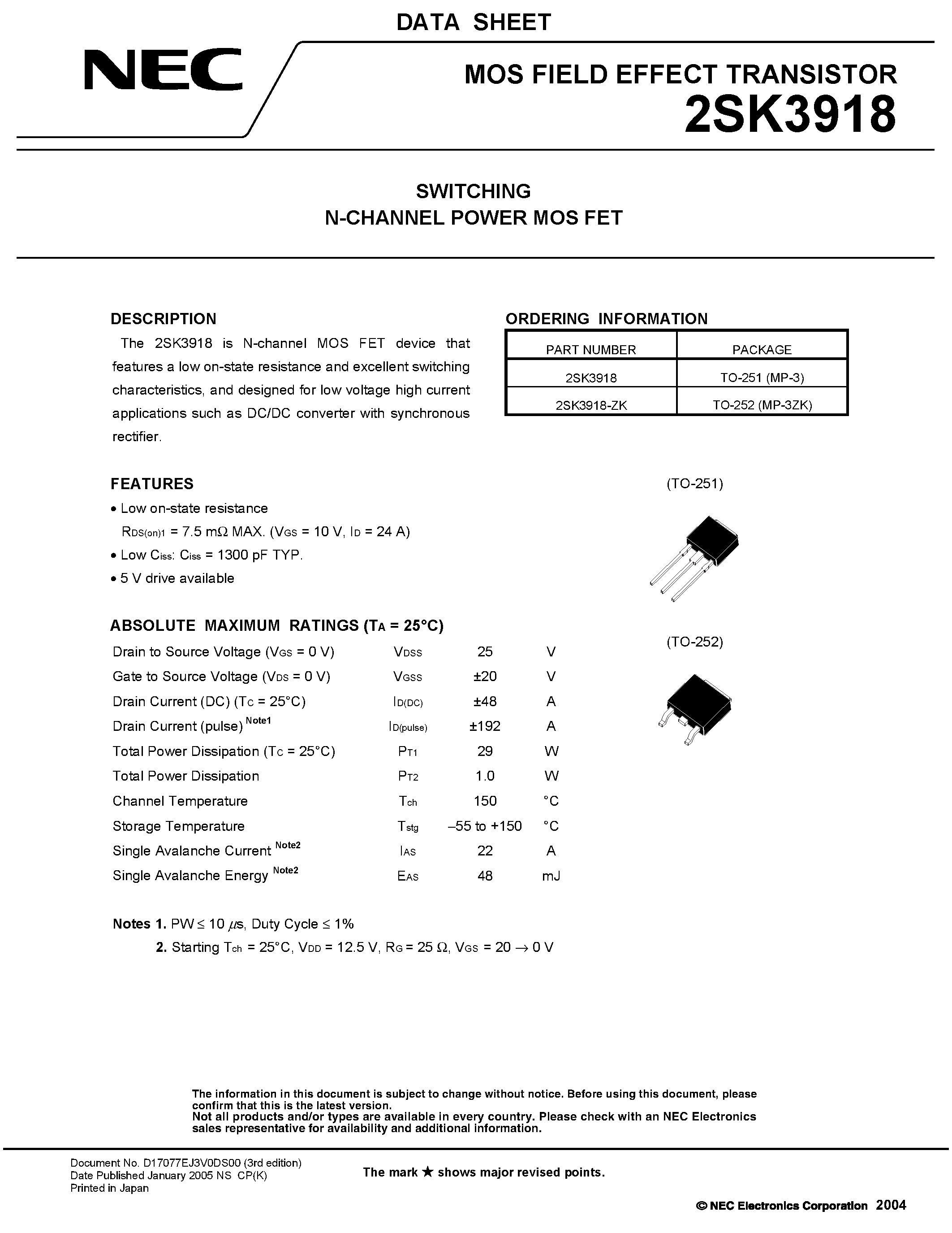 Datasheet 2SK3918 page 1 Datasheet 2SK3918 - SWITCHING N-CHANNEL POWER MOSFET page 1
