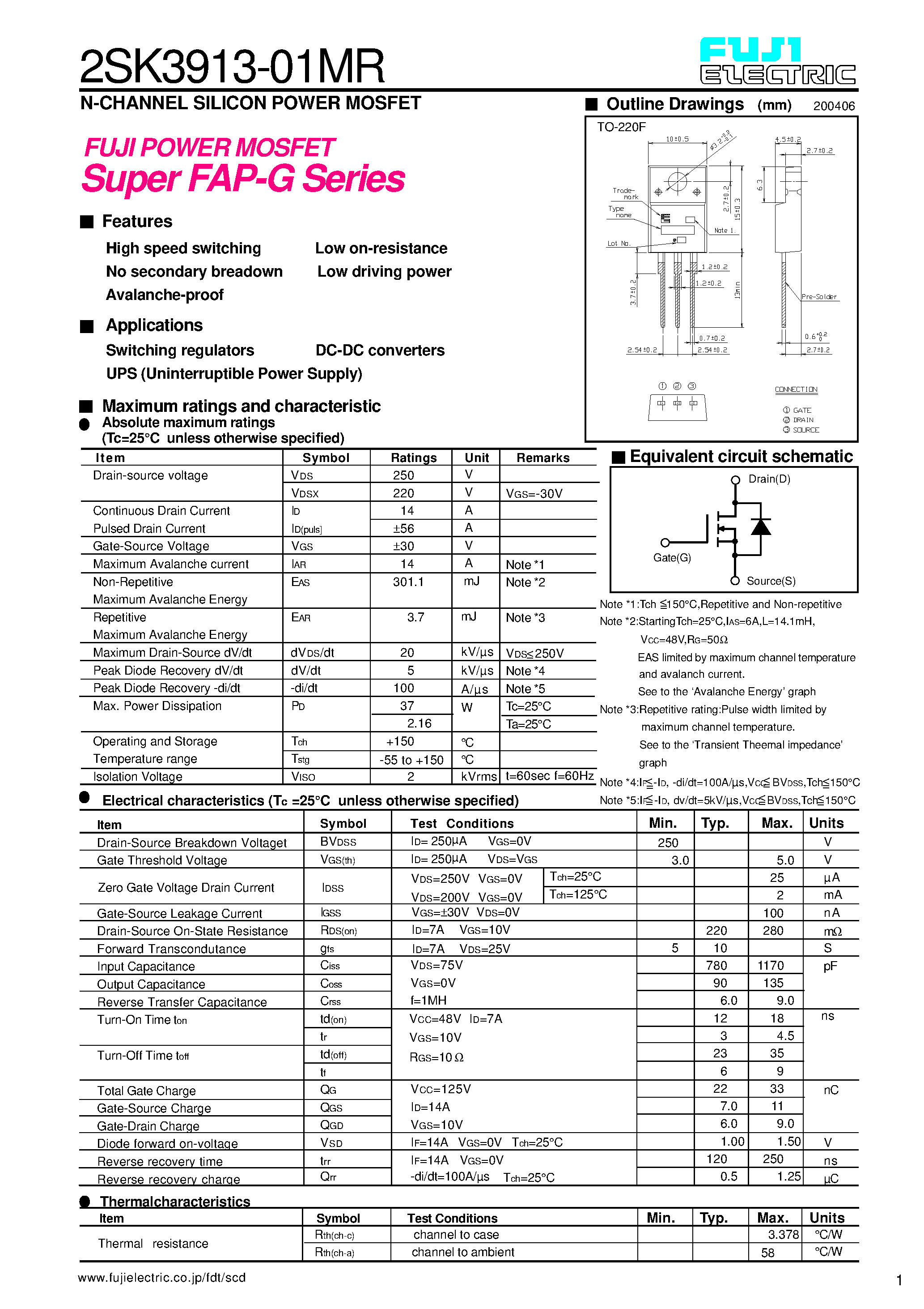 Datasheet 2SK3913-01MR page 1 Datasheet 2SK3913-01MR - N-CHANNEL SILICO POWER MOSFET page 1
