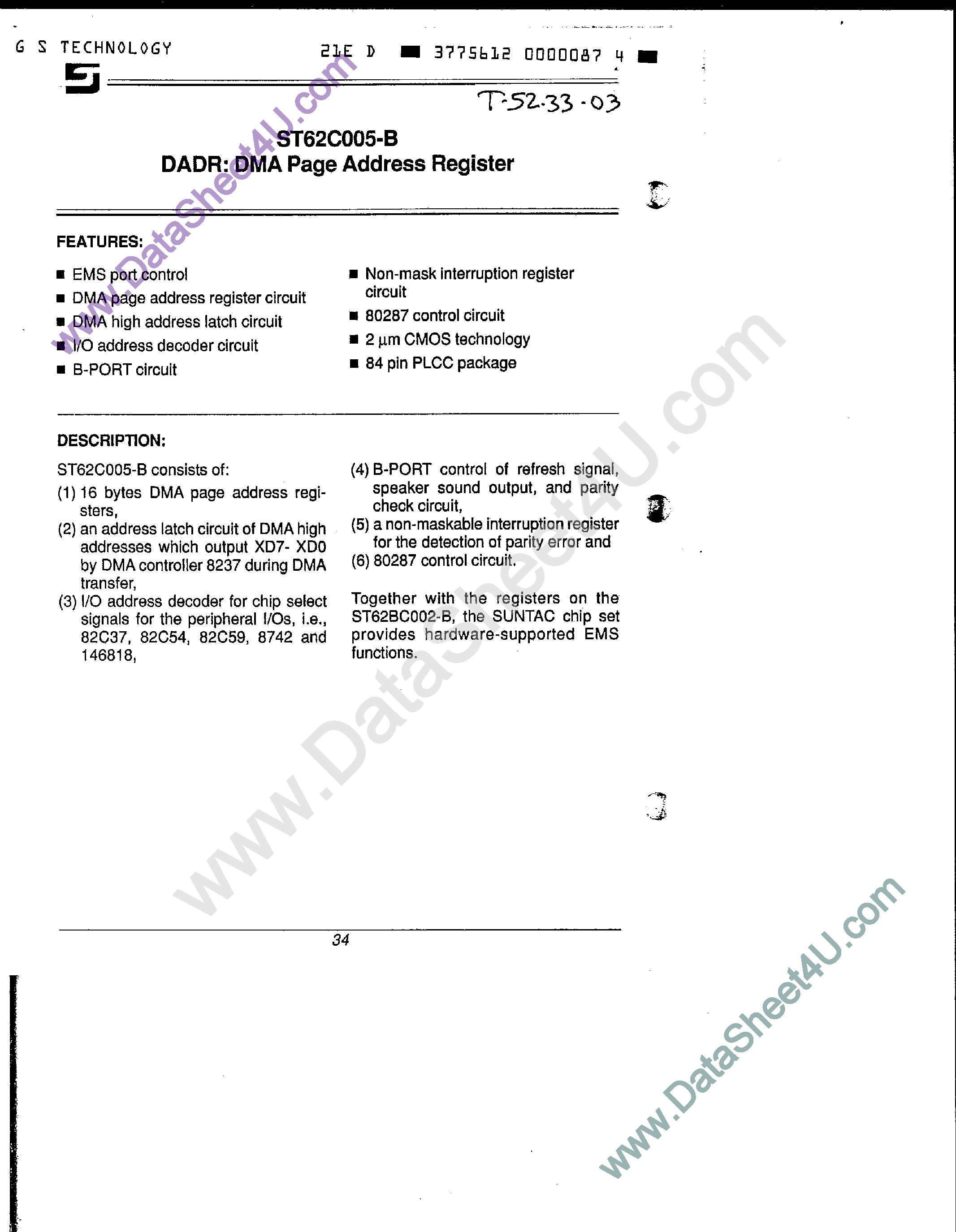 Datasheet ST62C005-B - DMA Page Address Register page 1