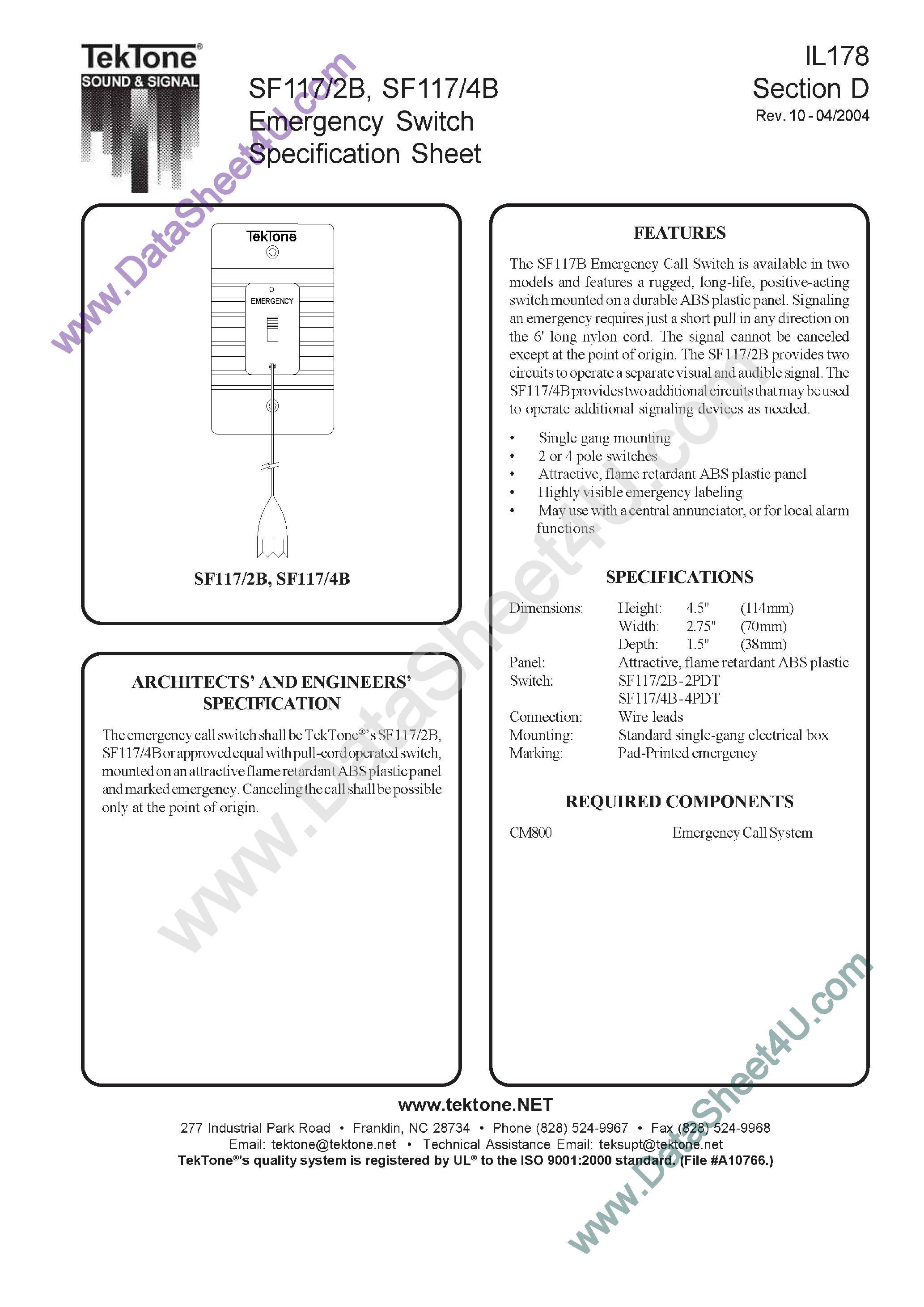 Datasheet SF117 - Emergency Switch page 1
