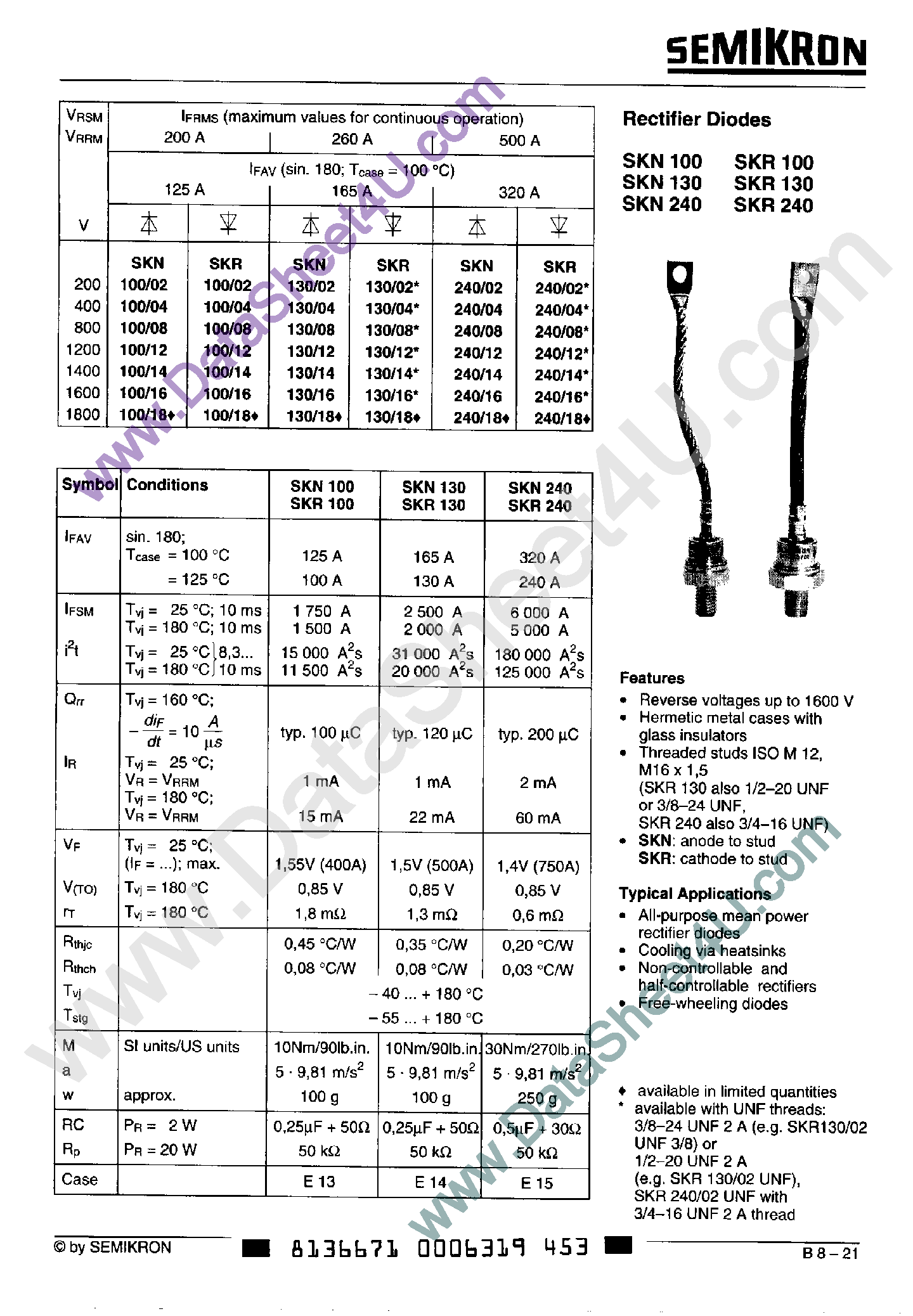 Даташит на микросхему SKR100 страница 1 Даташит SKR100 - (SKR100/130/240) Rectifier Diodes страница 1