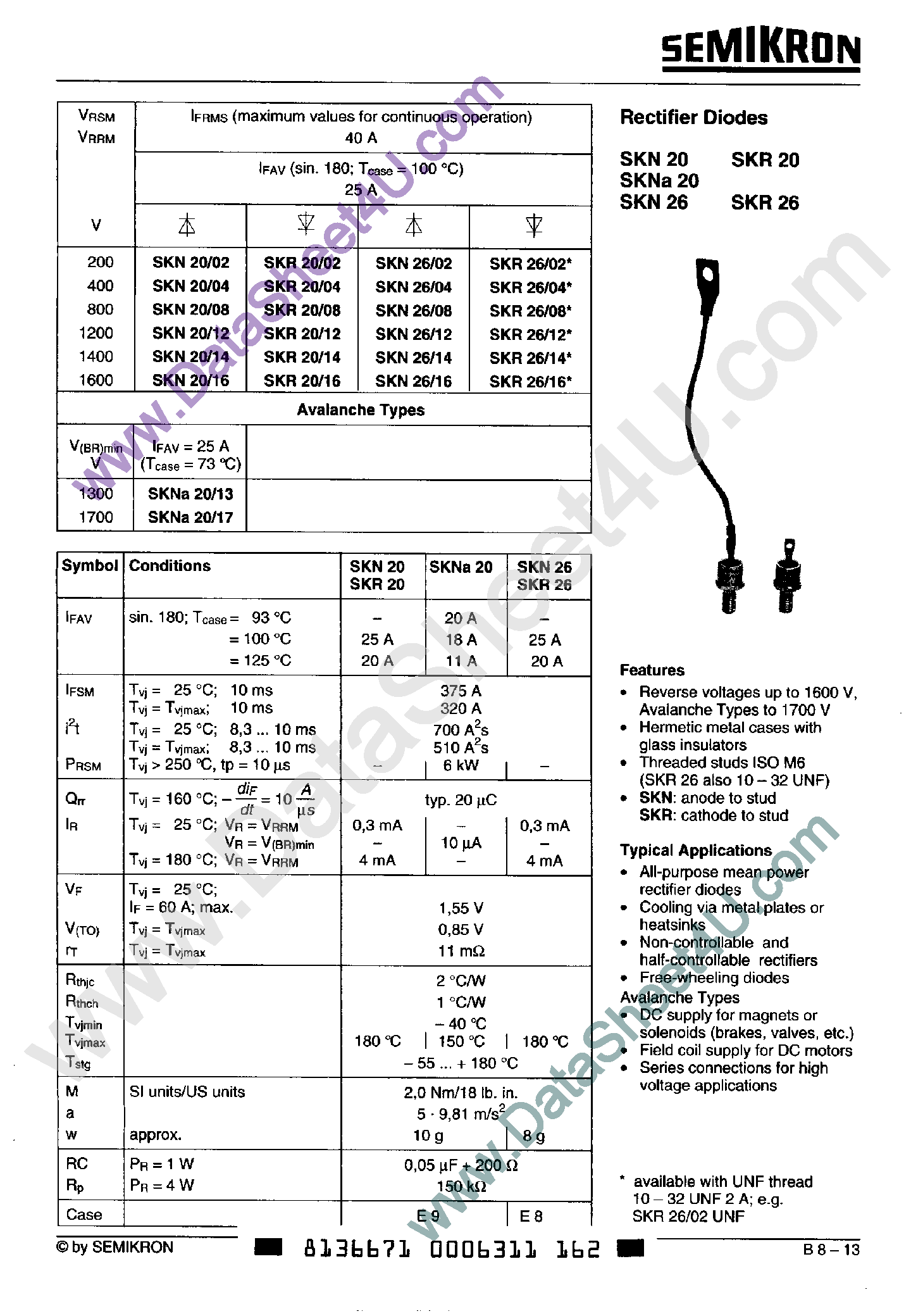 Даташит на микросхему SKR20 страница 1 Даташит SKR20 - (SKR20/26) Rectifier Diodes страница 1