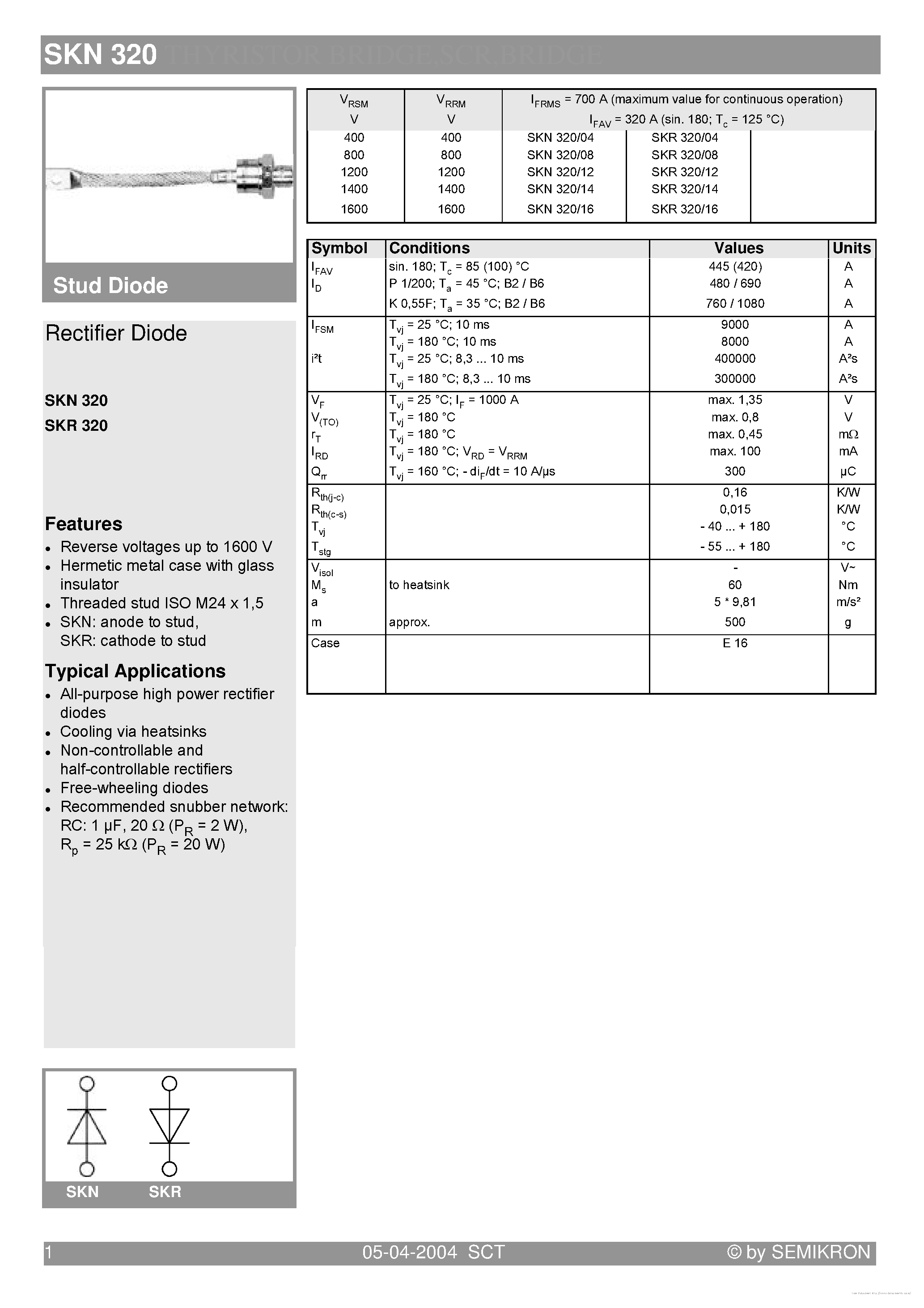 Datasheet SKR320 page 1 Datasheet SKR320 - Rectifier Diode page 1