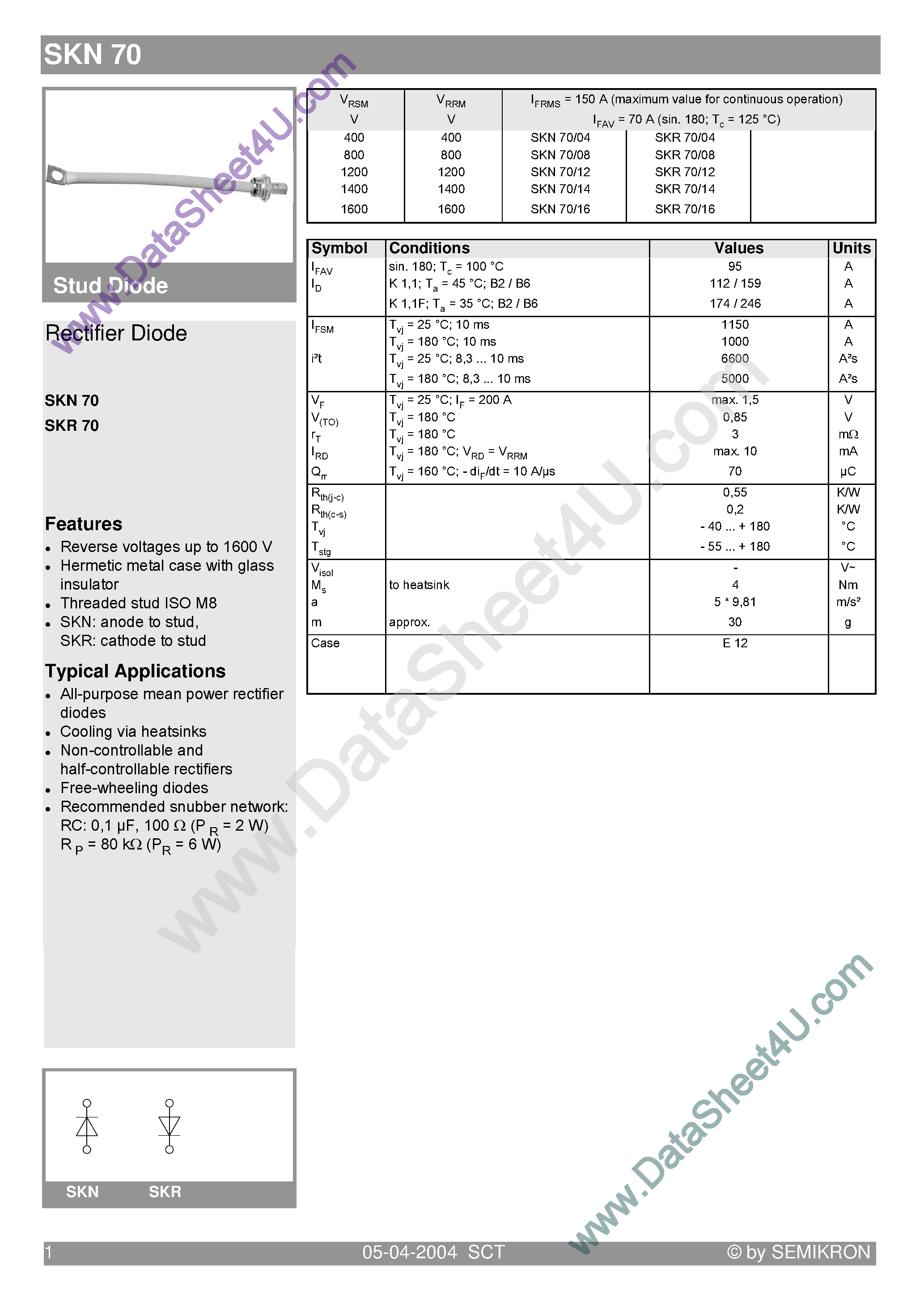 Datasheet SKR70 page 1 Datasheet SKR70 - Stud Diode page 1
