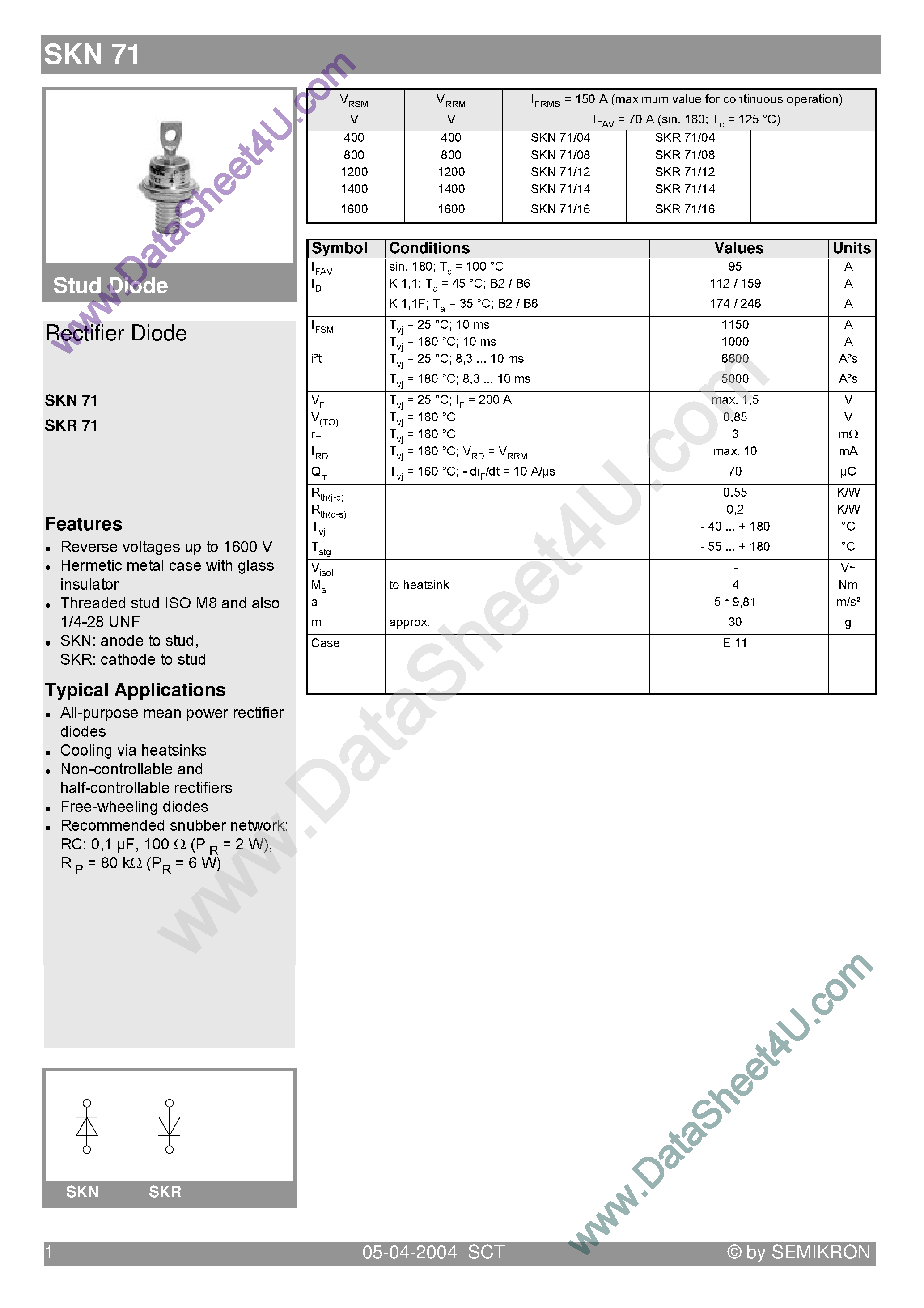 Datasheet SKR71 page 1 Datasheet SKR71 - Rectifier Diode page 1