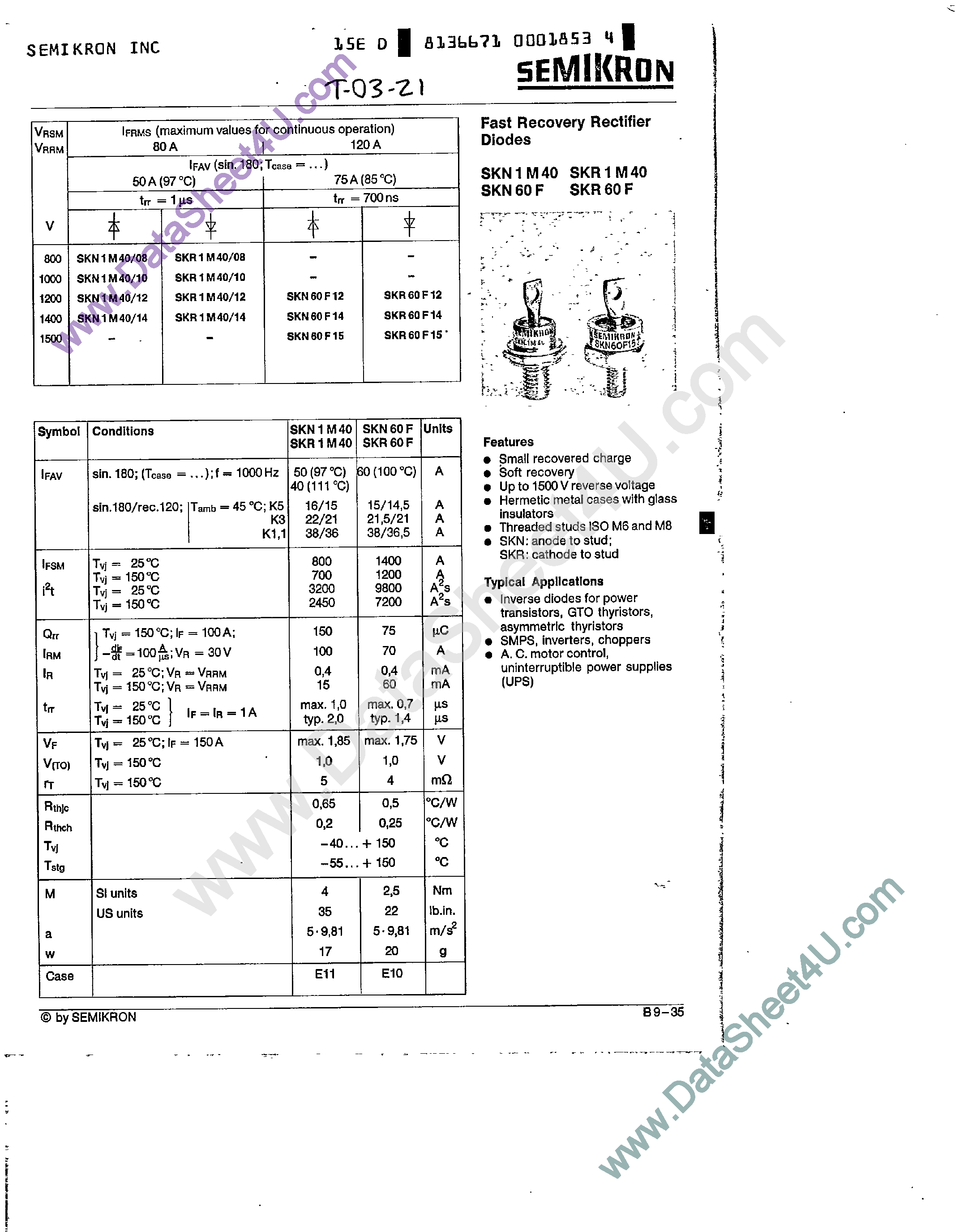 Даташит на микросхему SKR1M40 страница 1 Даташит SKR1M40 - (SKR1M40 / SKR60F) Fast Recovery Rectifier Diodes страница 1