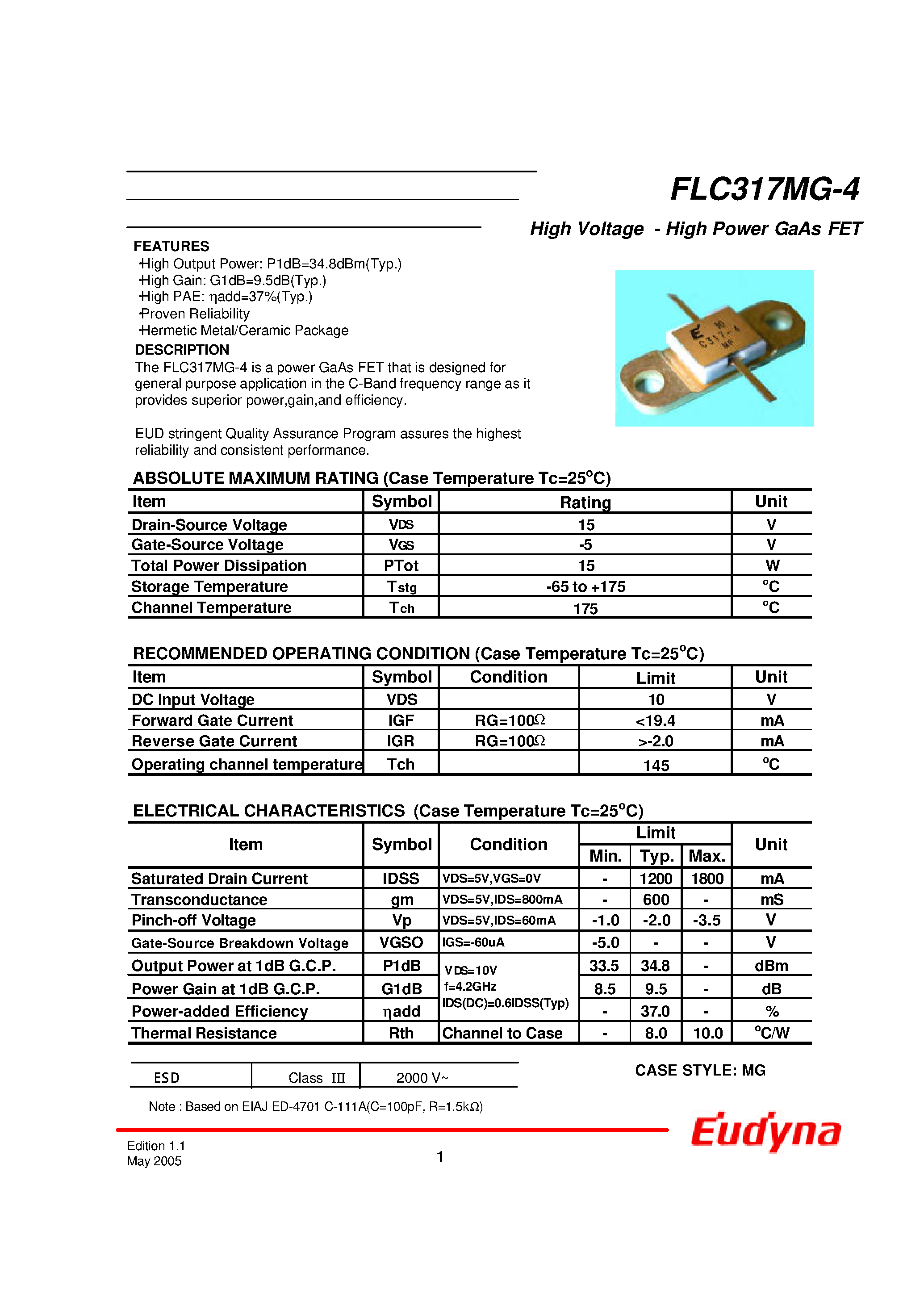 Datasheet FLC317MG-4 - High Voltage - High Power GaAs FET page 1