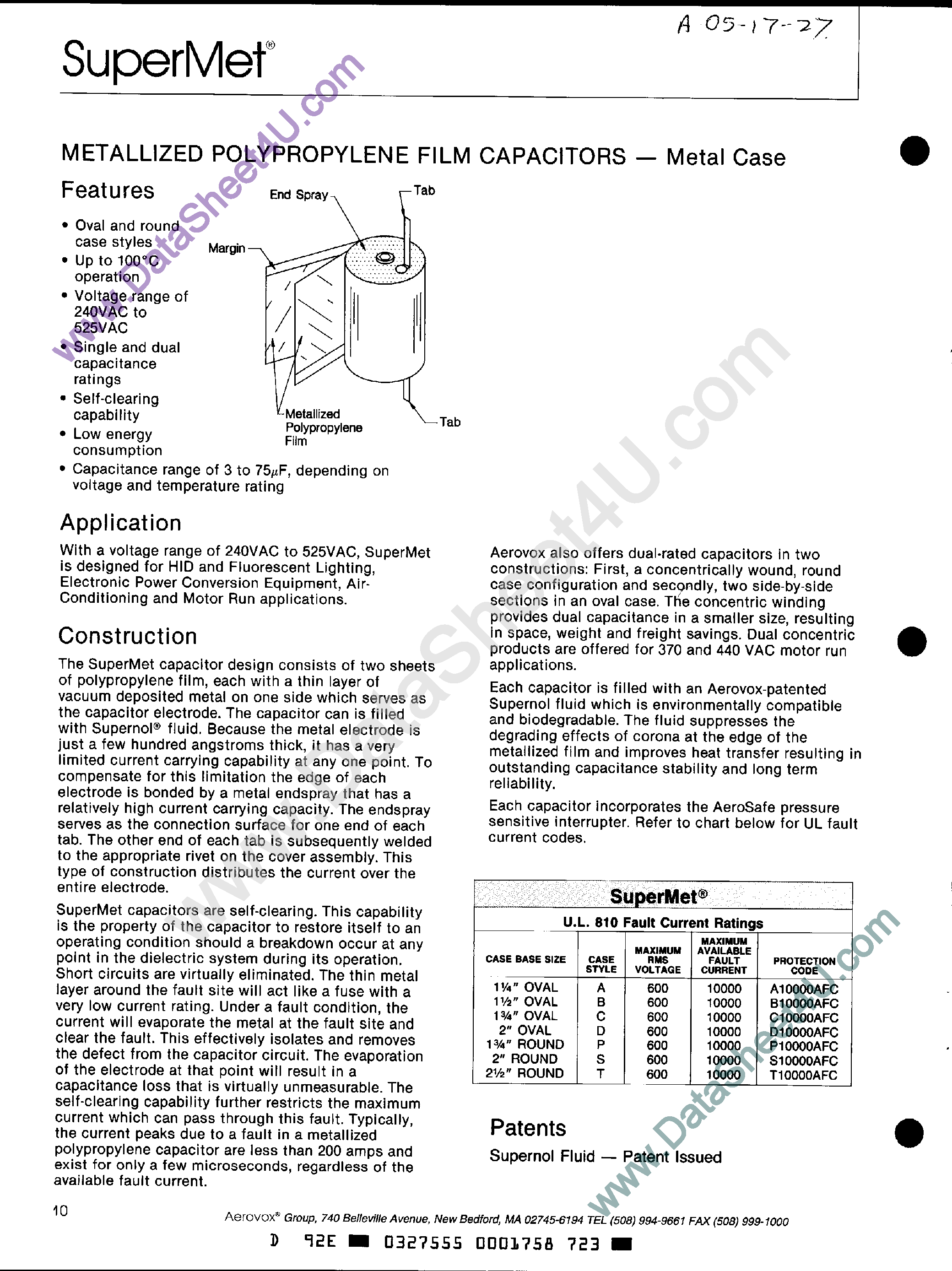 Datasheet Z62Bxxx - Motor Run Capacitors page 1