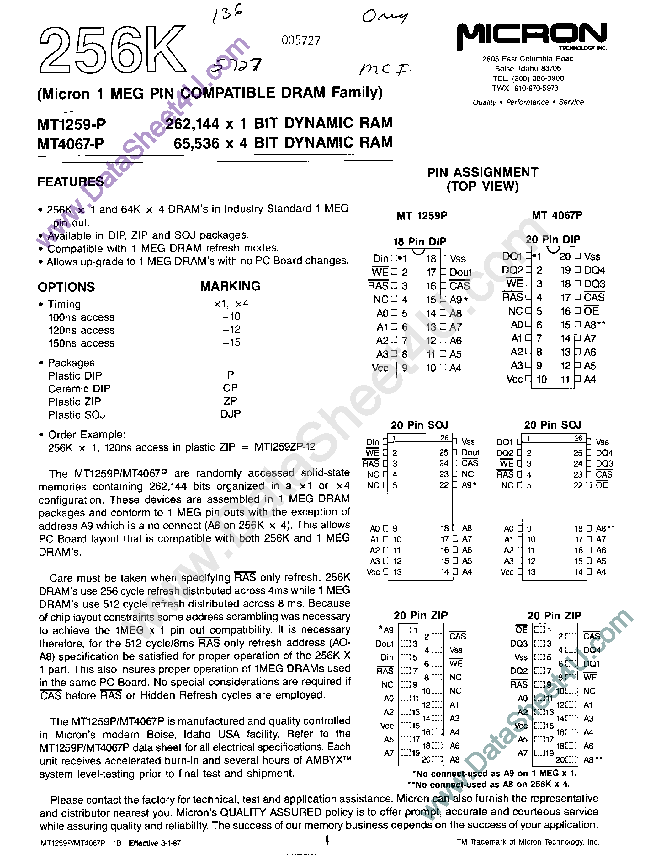 Datasheet MT1259P - 256K x 1 DRAM page 1