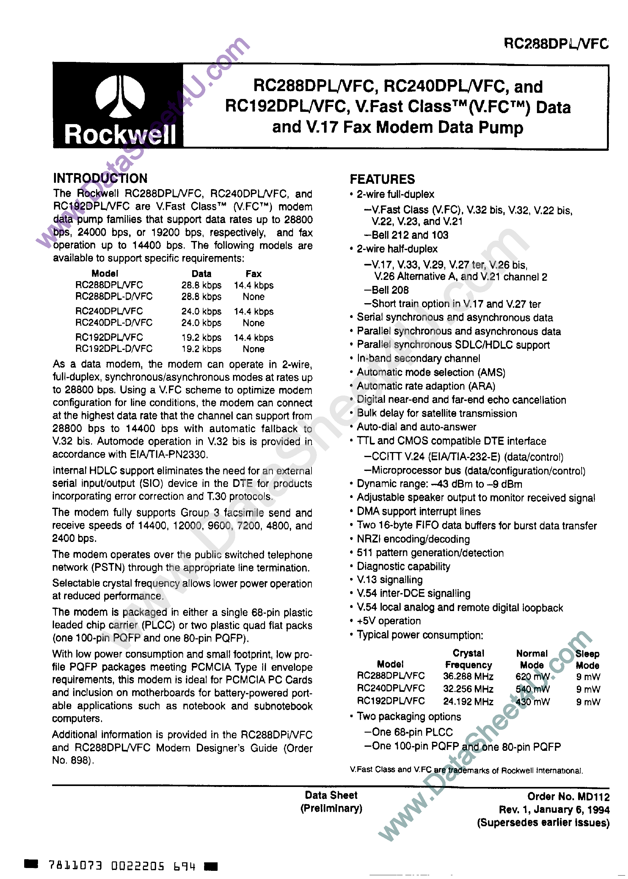 Даташит RC240DPL - (RC240DPL / RC288DPL) Data and V.17 Fax Modem Data Pump страница 1