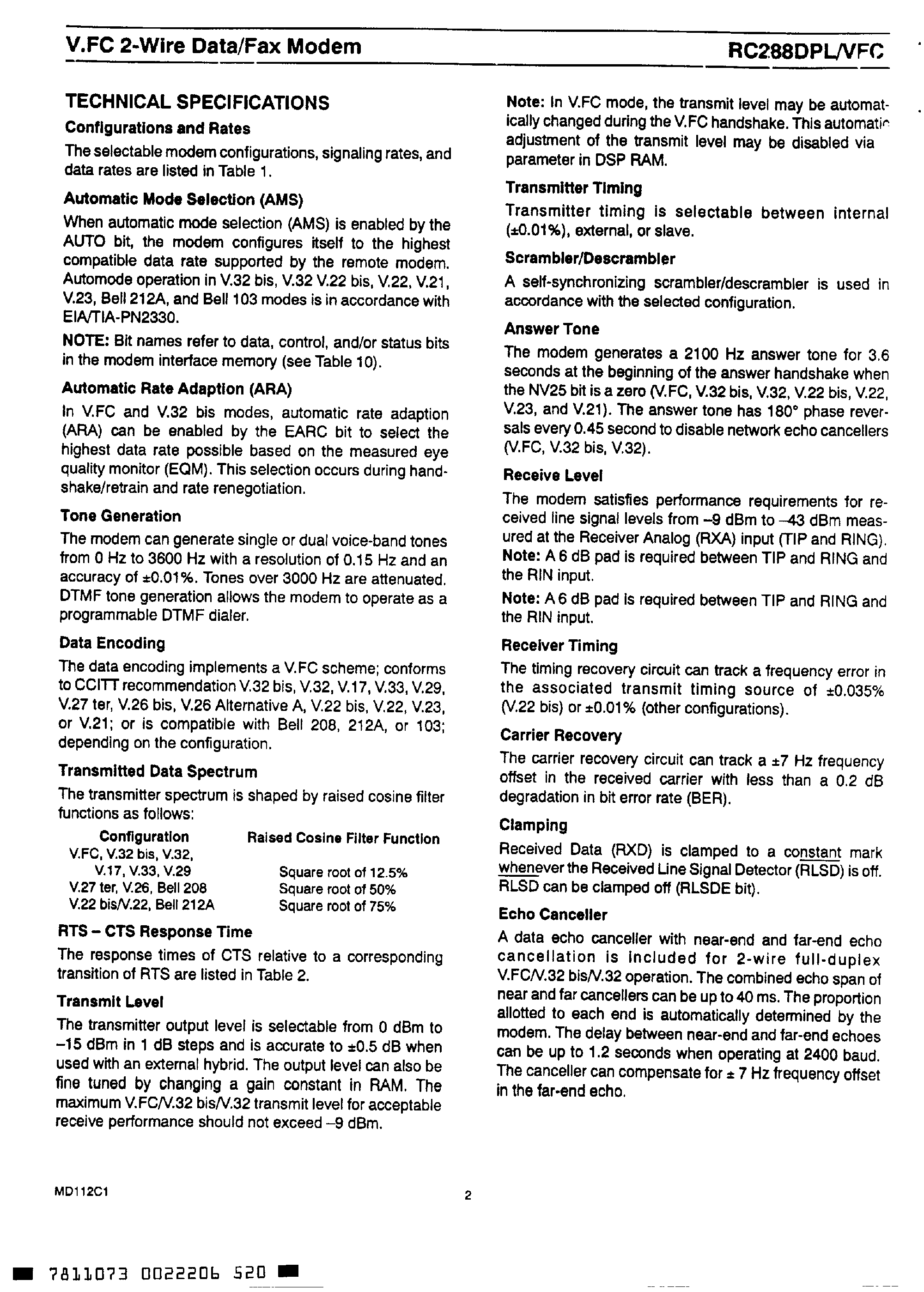 Даташит RC240DPL - (RC240DPL / RC288DPL) Data and V.17 Fax Modem Data Pump страница 2