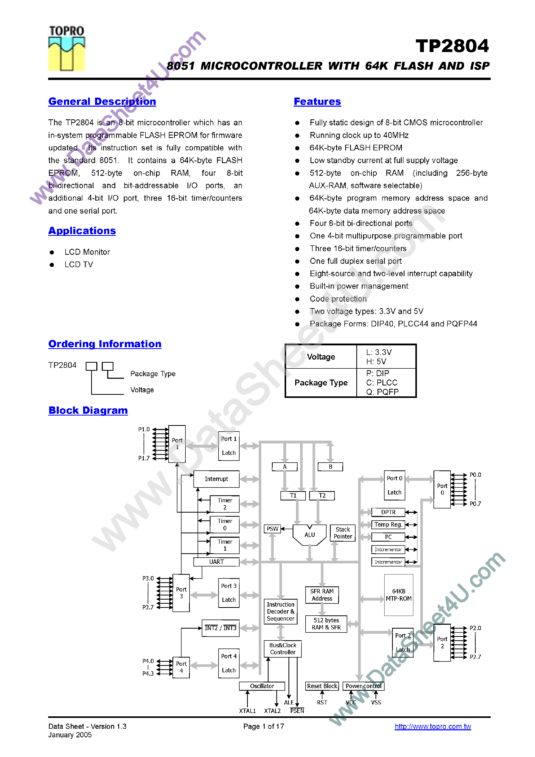 Datasheet TP2804 page 1 Datasheet TP2804 - 8051 Microcontroller page 1