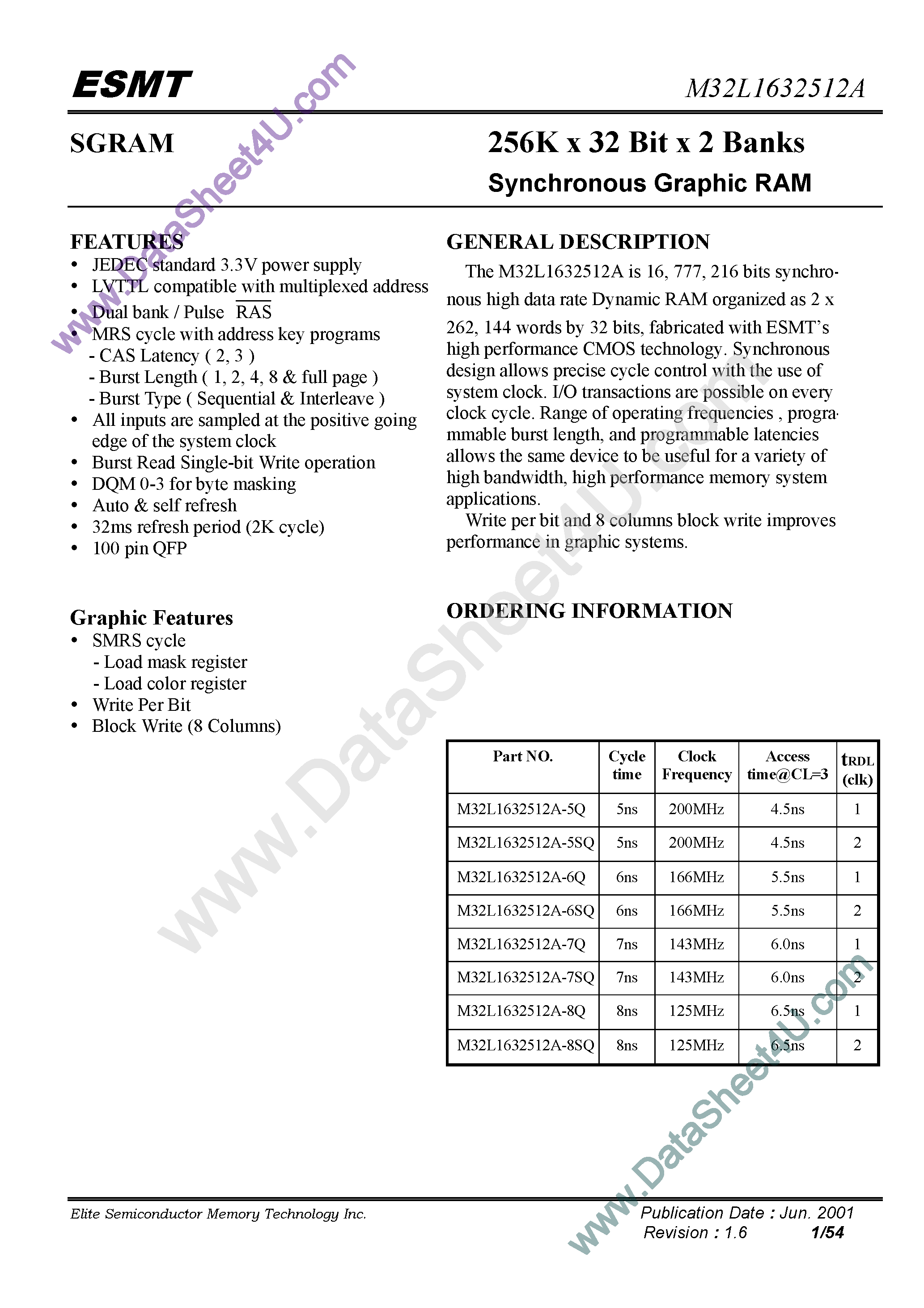 Datasheet M32L1632512A - 256K x 32-Bit x 2-Bank SGRAM page 1