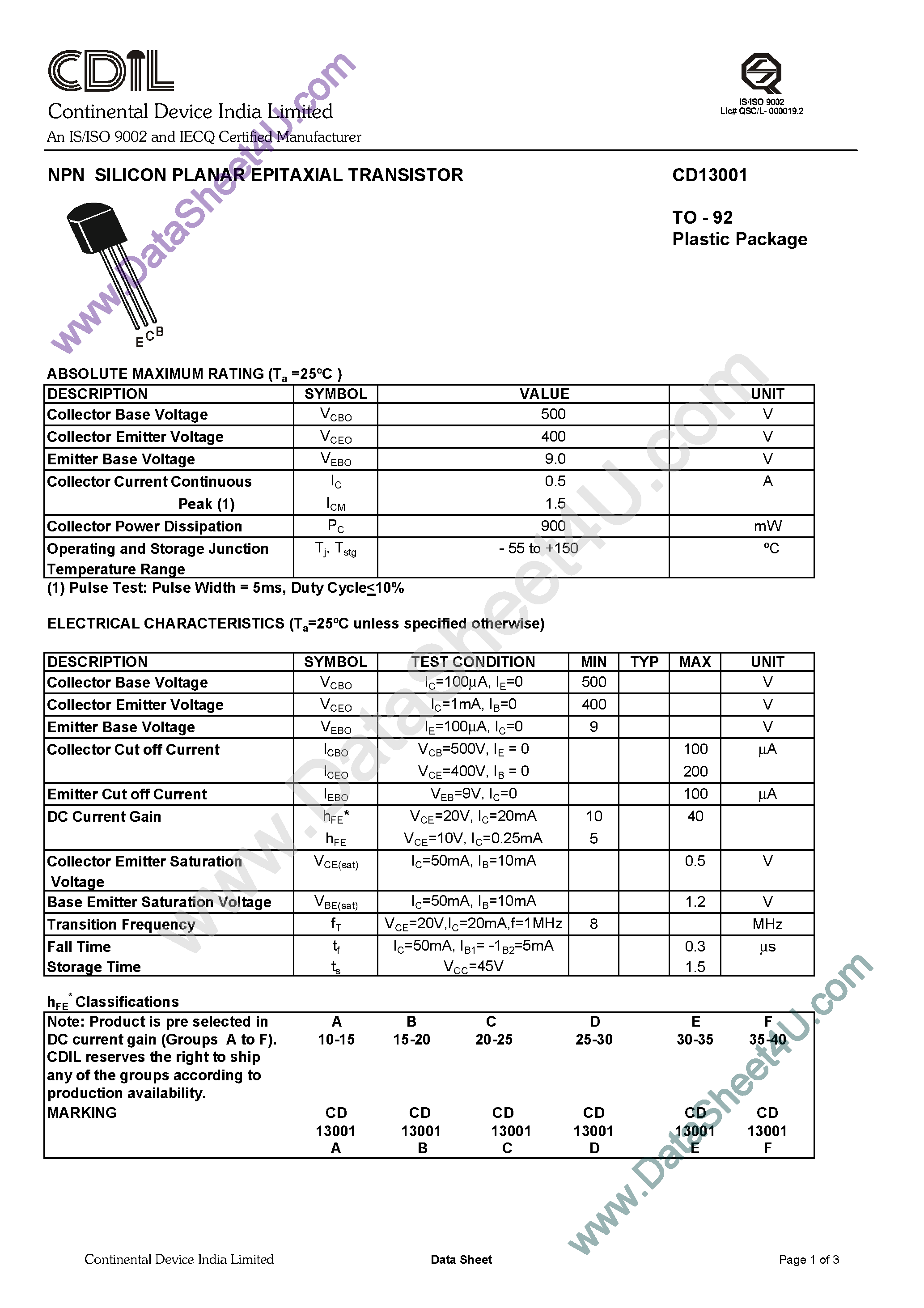 Даташит на микросхему CD13001 страница 1 Даташит CD13001 - NPN SILICON PLANAR EPITAXIAL TRANSISTOR страница 1