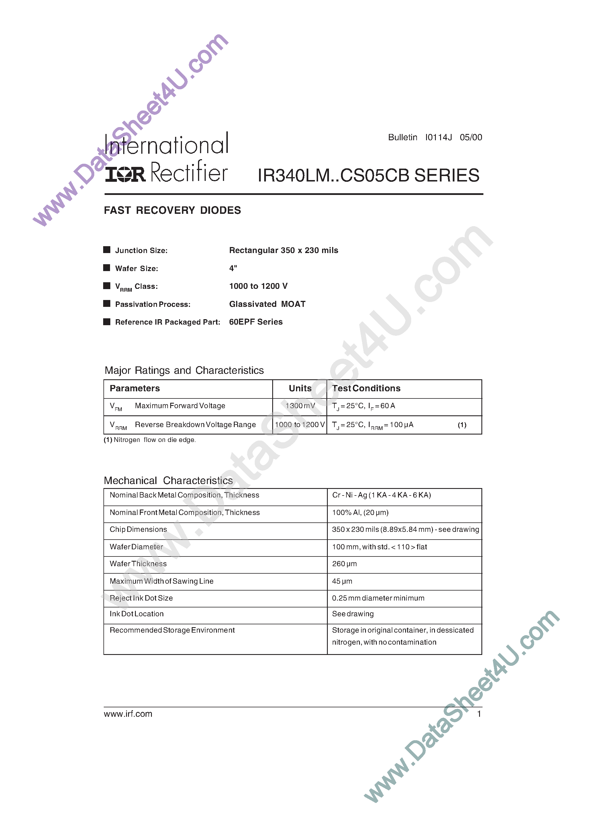 Даташит на микросхему IR340LM страница 1 Даташит IR340LM - Fast Recovery Diodes страница 1