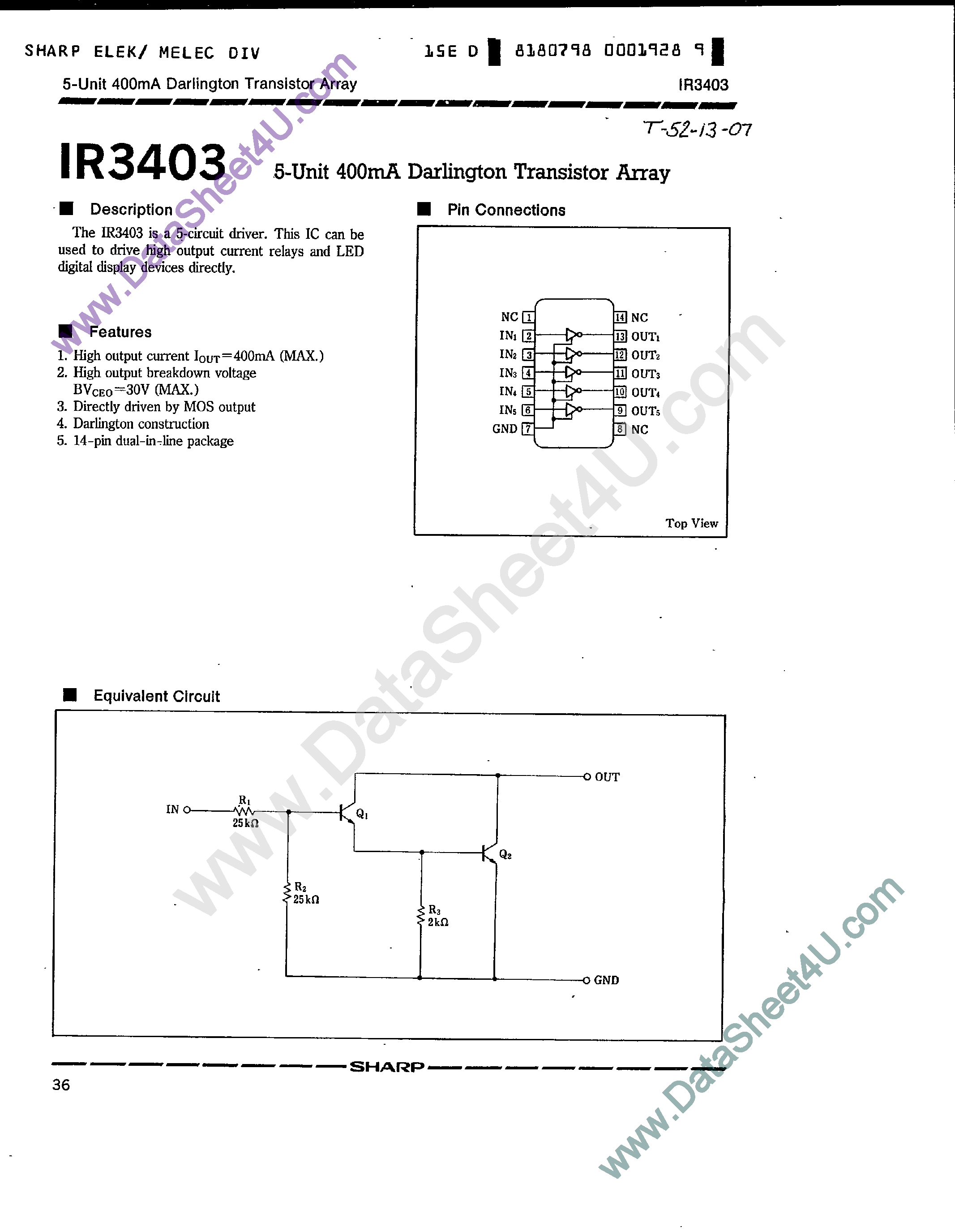 Datasheet IR3403 page 1 Datasheet IR3403 - 5-Unit 400mA Darlington Transistor Array page 1