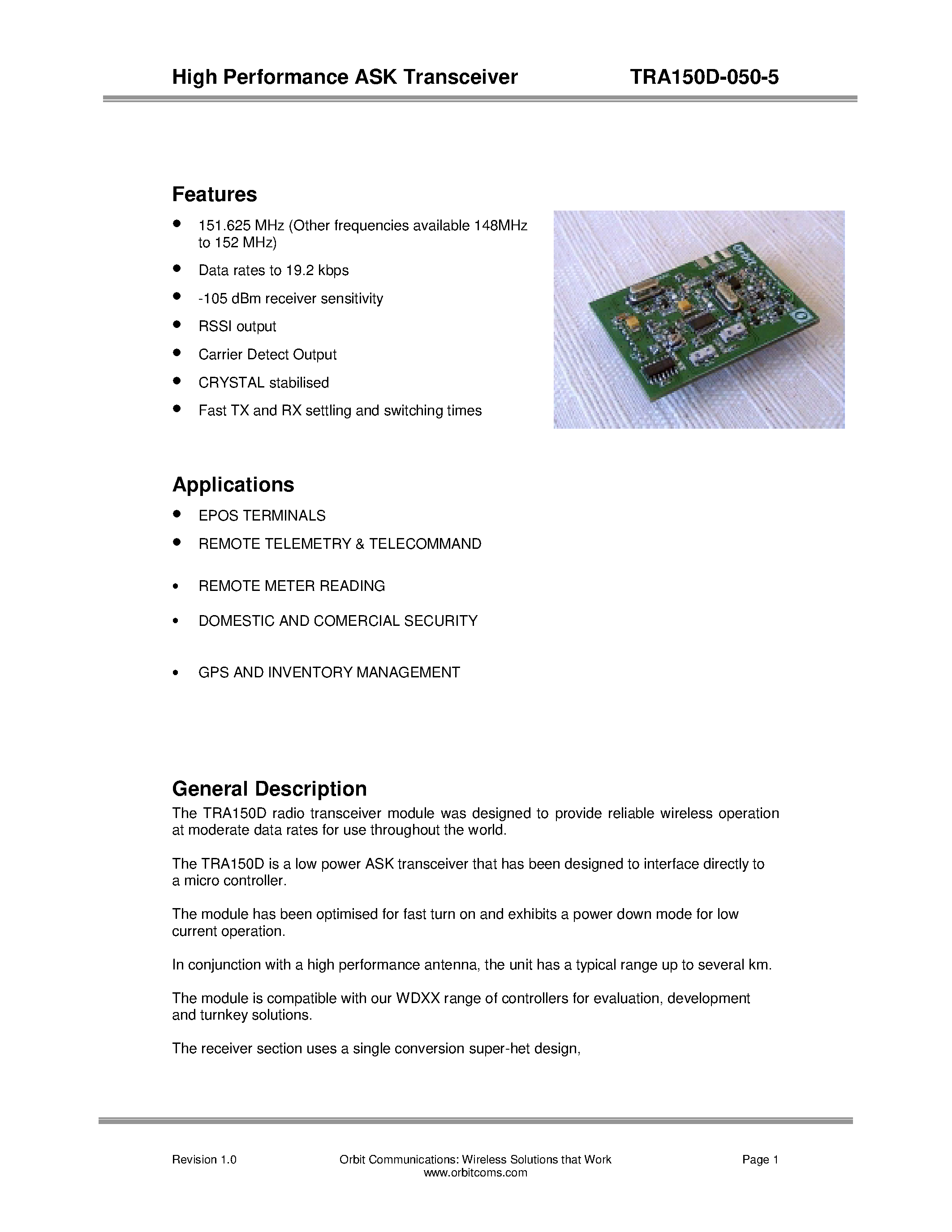 Datasheet TRA150D-050-5 - High Performance ASK Transceiver page 1