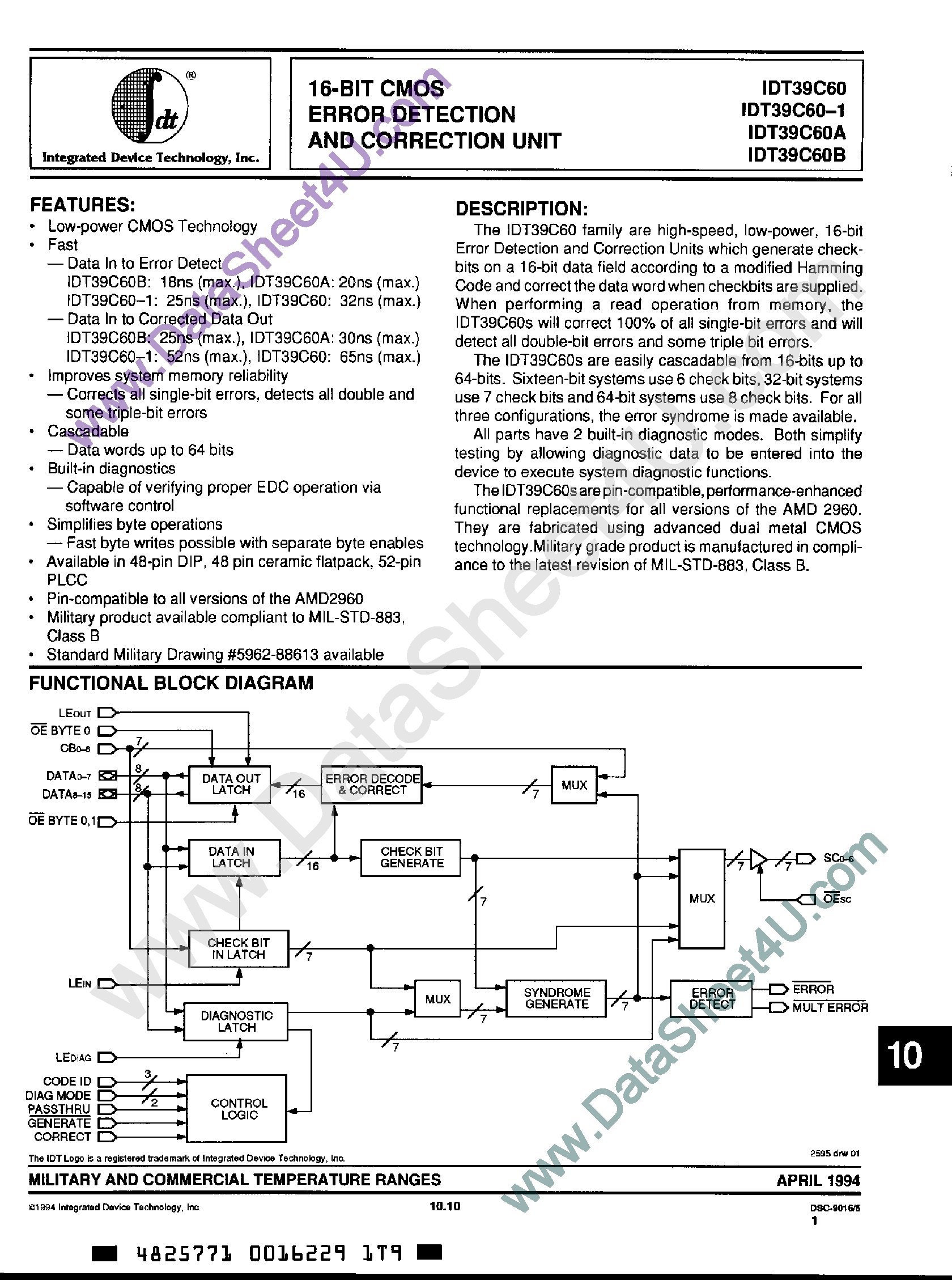 Даташит IDT39C60 - 16-Bit CMOS Error Detection and Correction Unit страница 1
