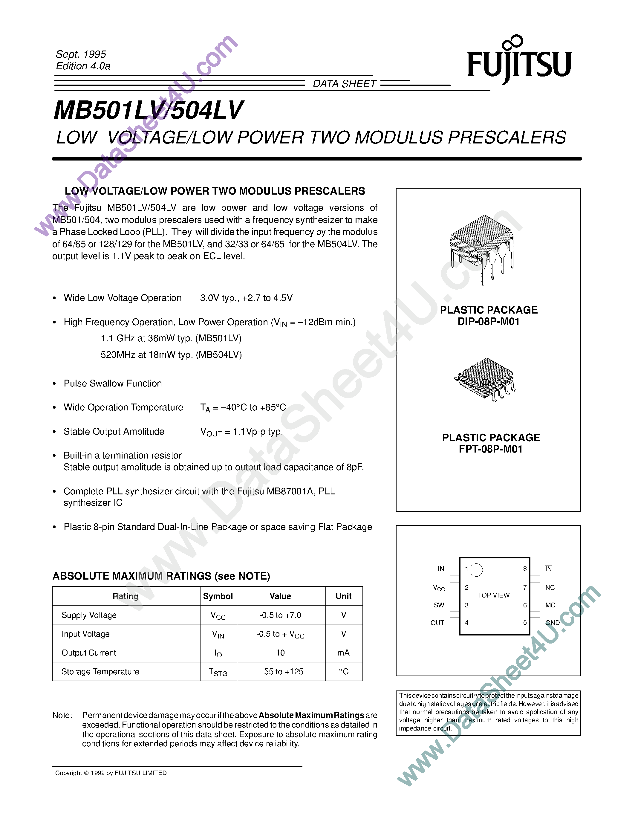 Datasheet MB501LV - (MB501LV / MB504LV) Low Voltage . Low Power 2 Modulus Prescalers page 1