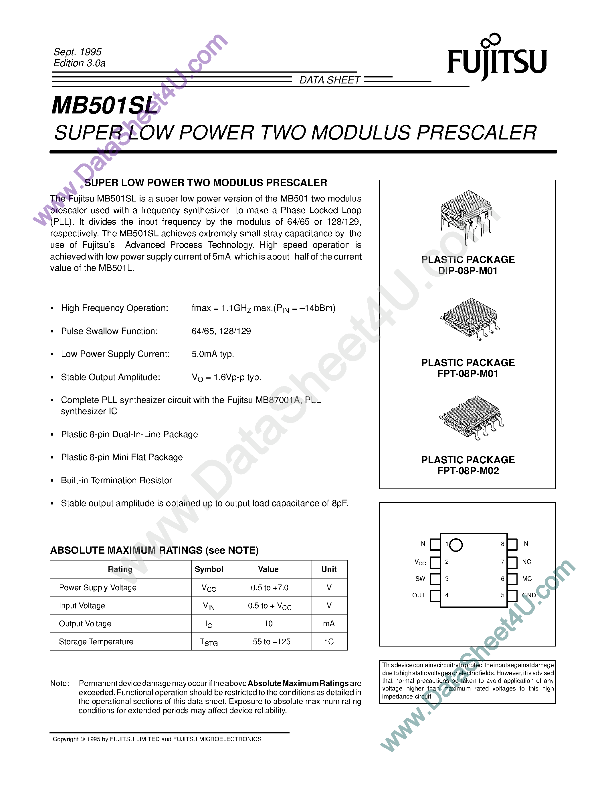 Datasheet MB501SL - Super Low Power 2 Modulus Prescaler page 1