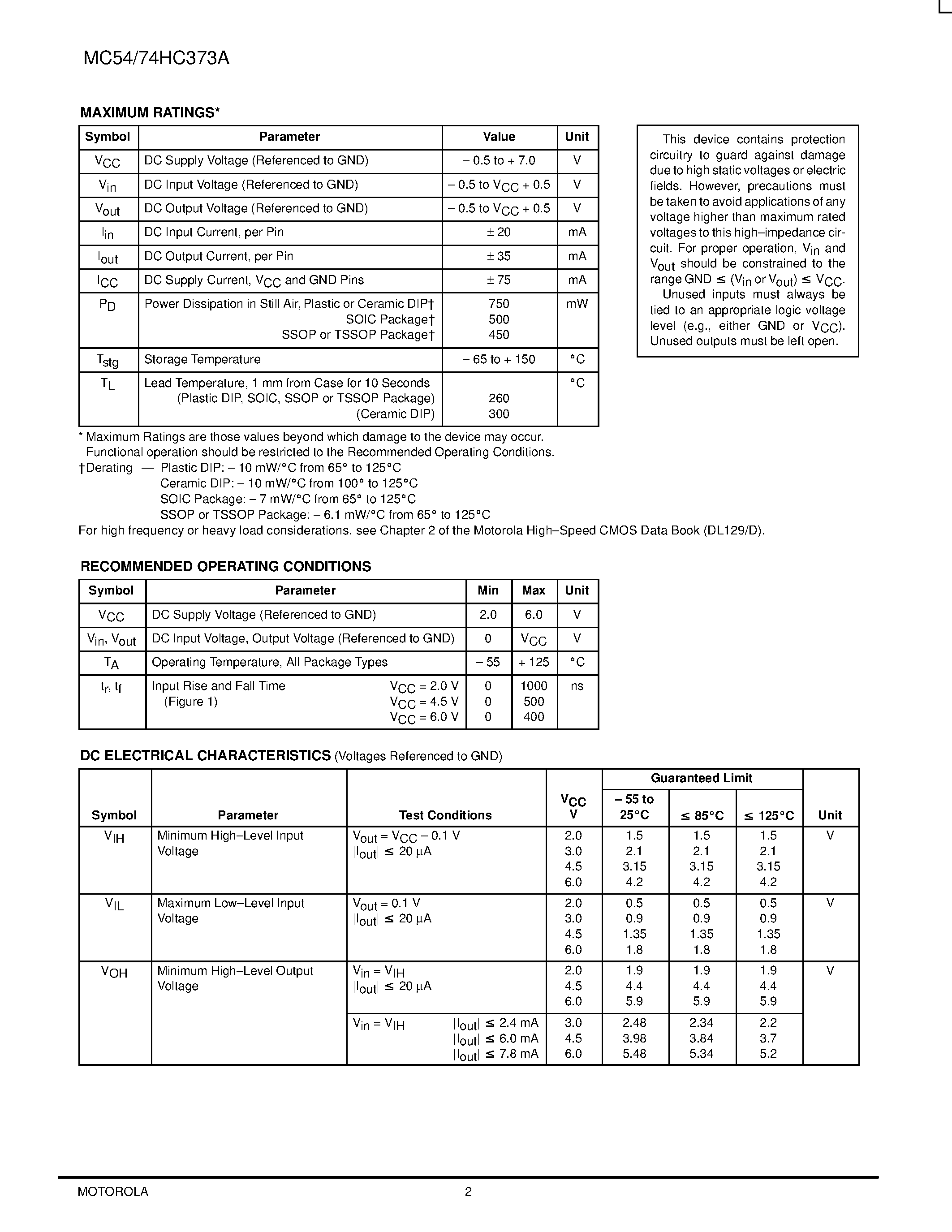 Даташит MC74HC373A - Octal 3-State Non-Inverting Transparent Latch страница 2