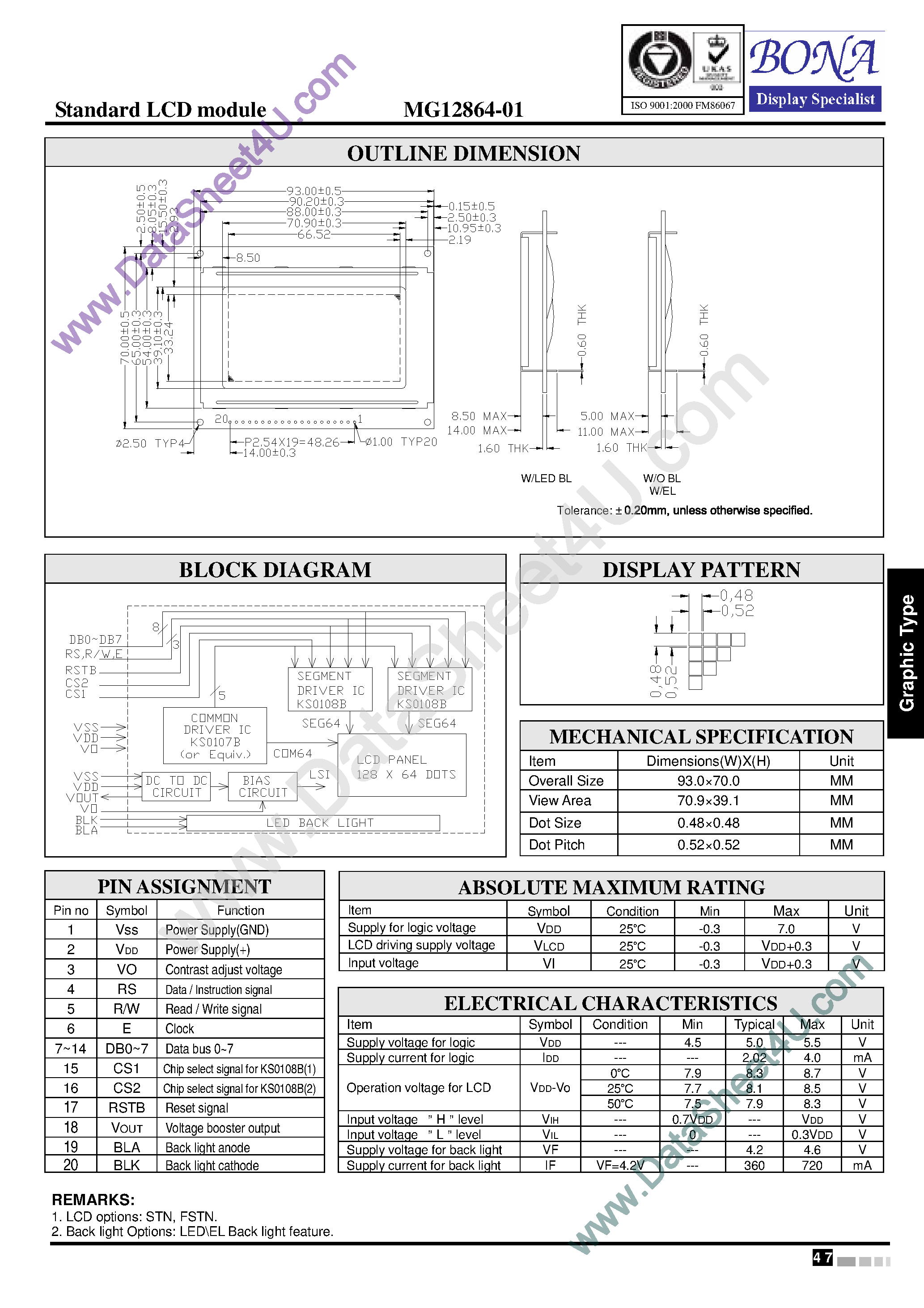 Даташит MG12864-01 - Standard LCD Module страница 1
