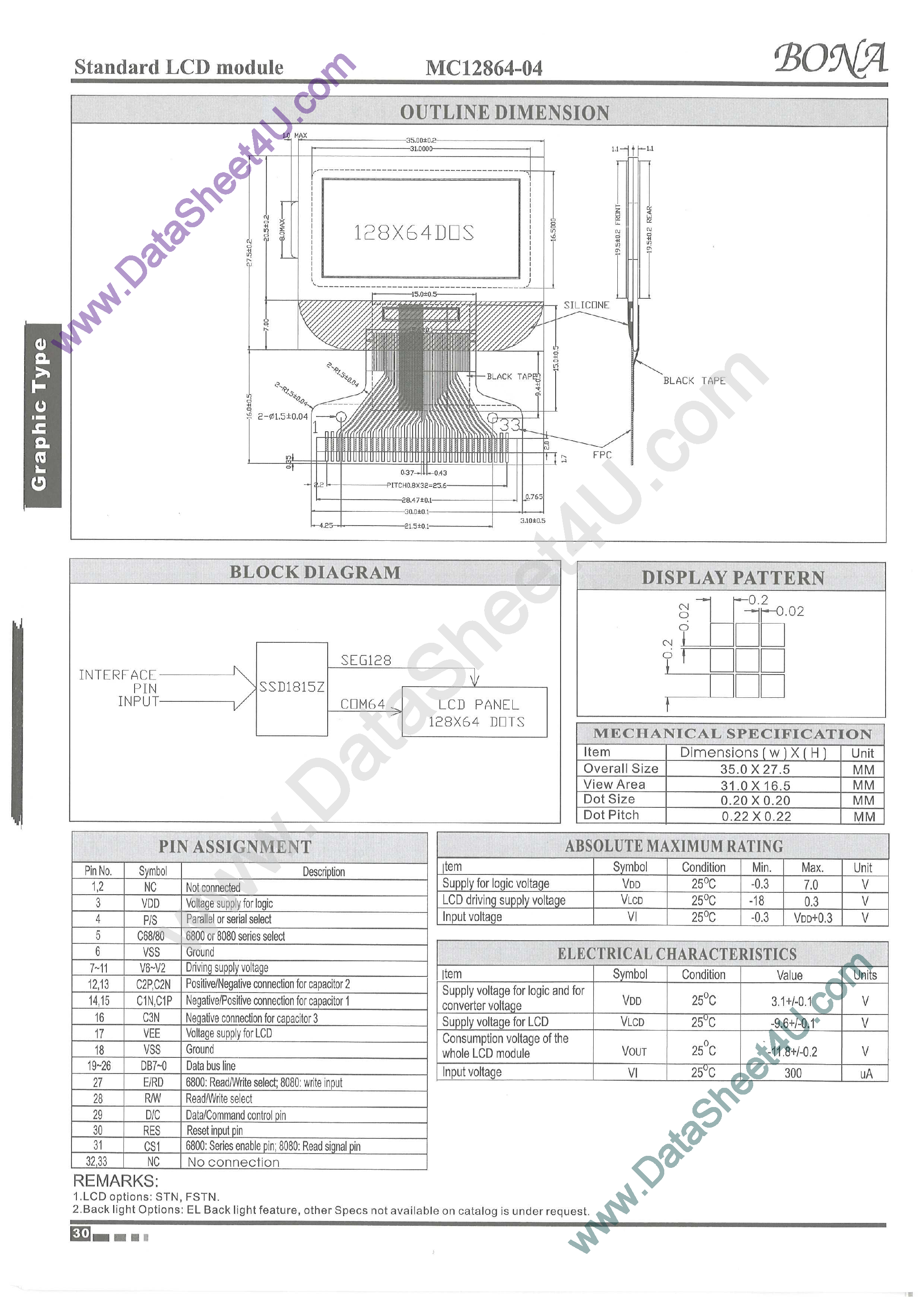 Даташит MG12864-04 - Standard LCD Module страница 1