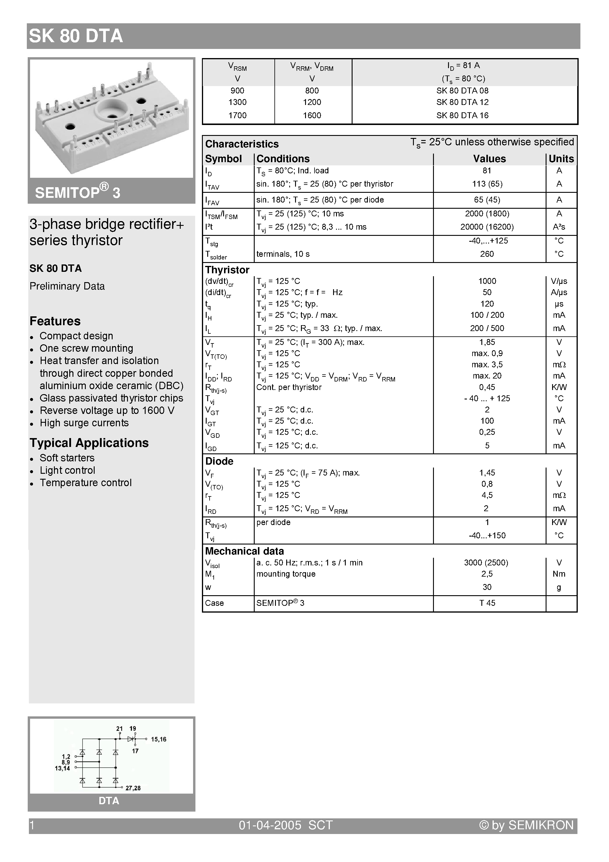 Даташит SK80DTA - 3-phase bridge rectifier+ series thyristor страница 1