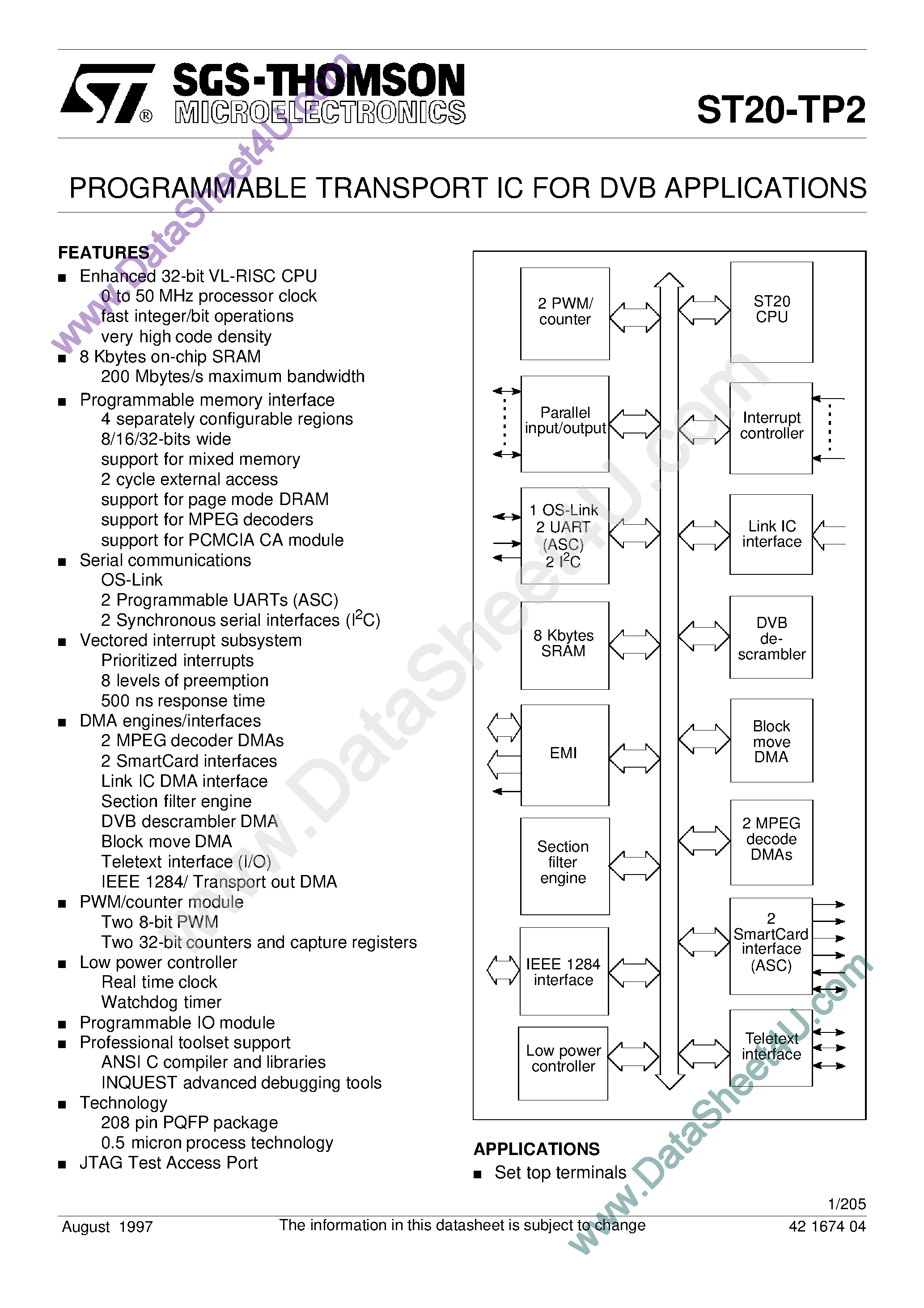 Datasheet ST20TP2BX50S page 1 Datasheet ST20TP2BX50S - Programmable Transport IC page 1