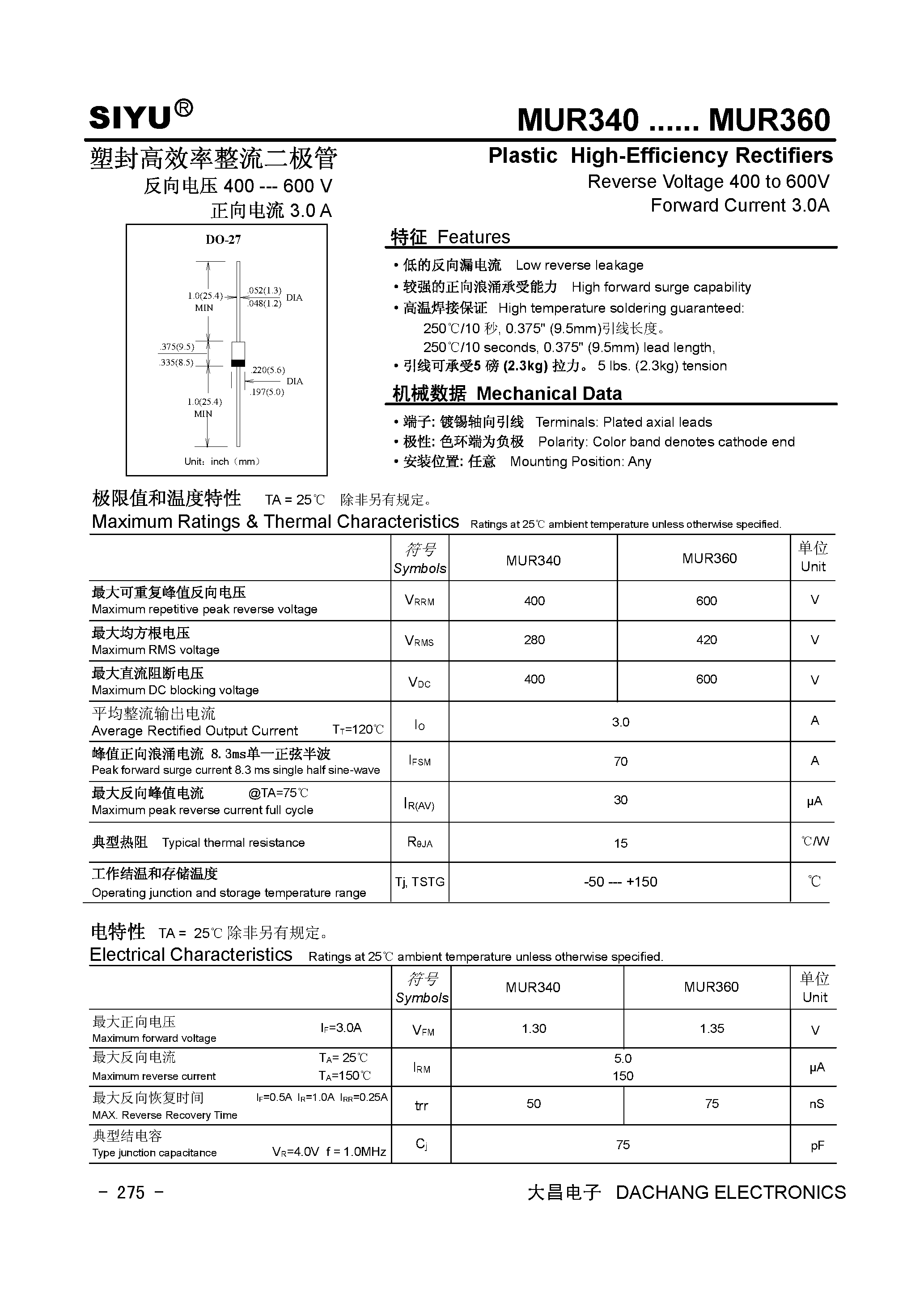 Datasheet MUR340 page 1 Datasheet MUR340 - (MUR340 / MUR360) Plastic High-Efficiency Rectifiers page 1