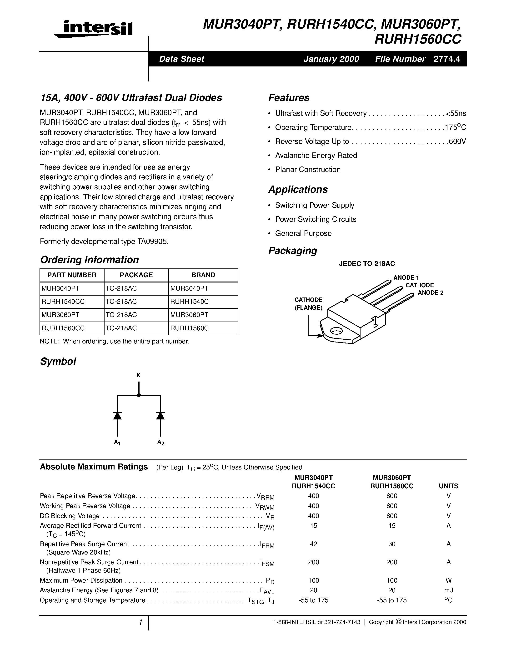 Даташит MUR3040PT - (MUR3040PT / MUR3060PT) 400V - 600V Ultrafast Dual Diodes страница 1