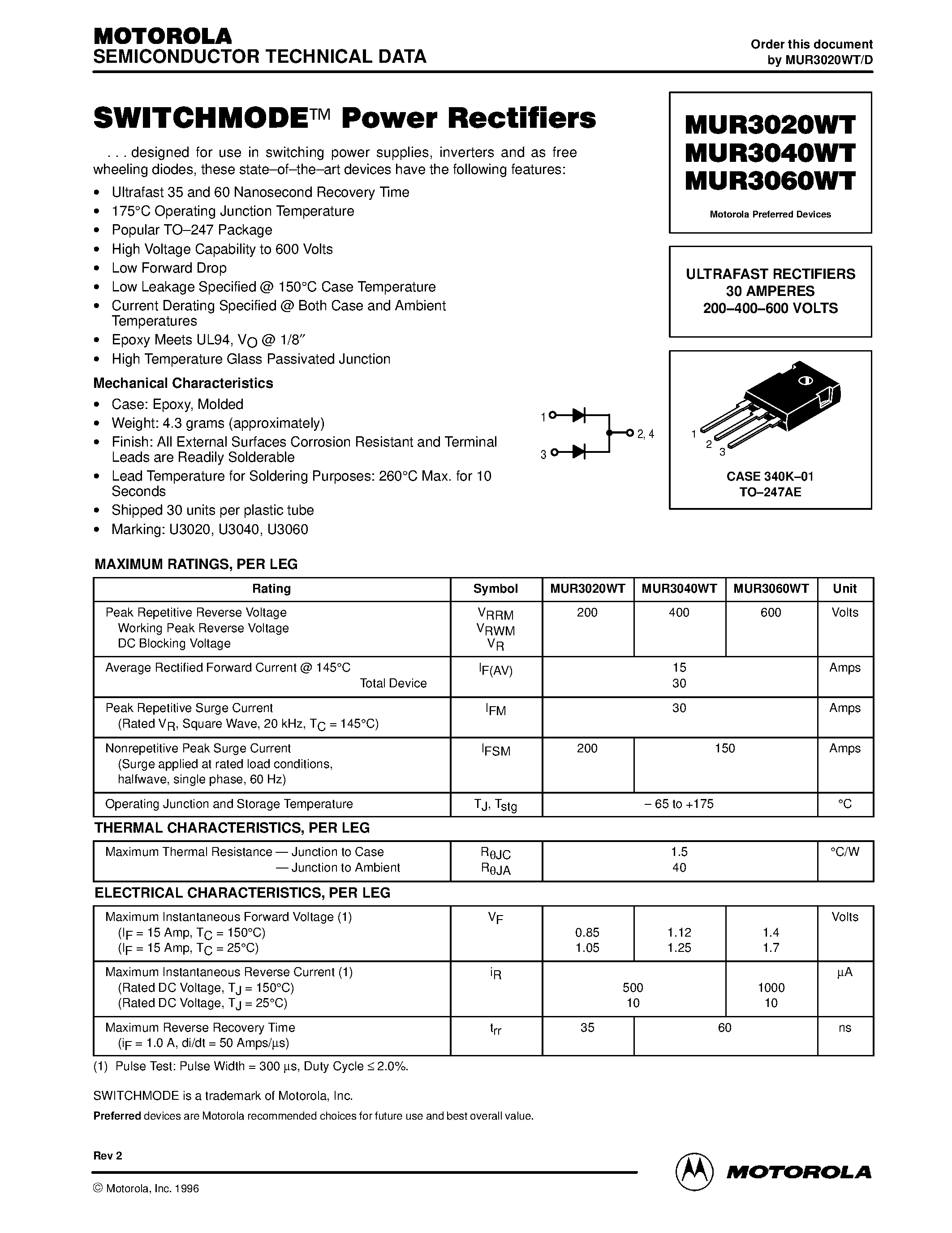 Datasheet MUR3020WT - (MUR3020WT - MUR3060WT) ULTRAFAST RECTIFIERS 30 AMPERES 200-400-600 VOLTS page 1