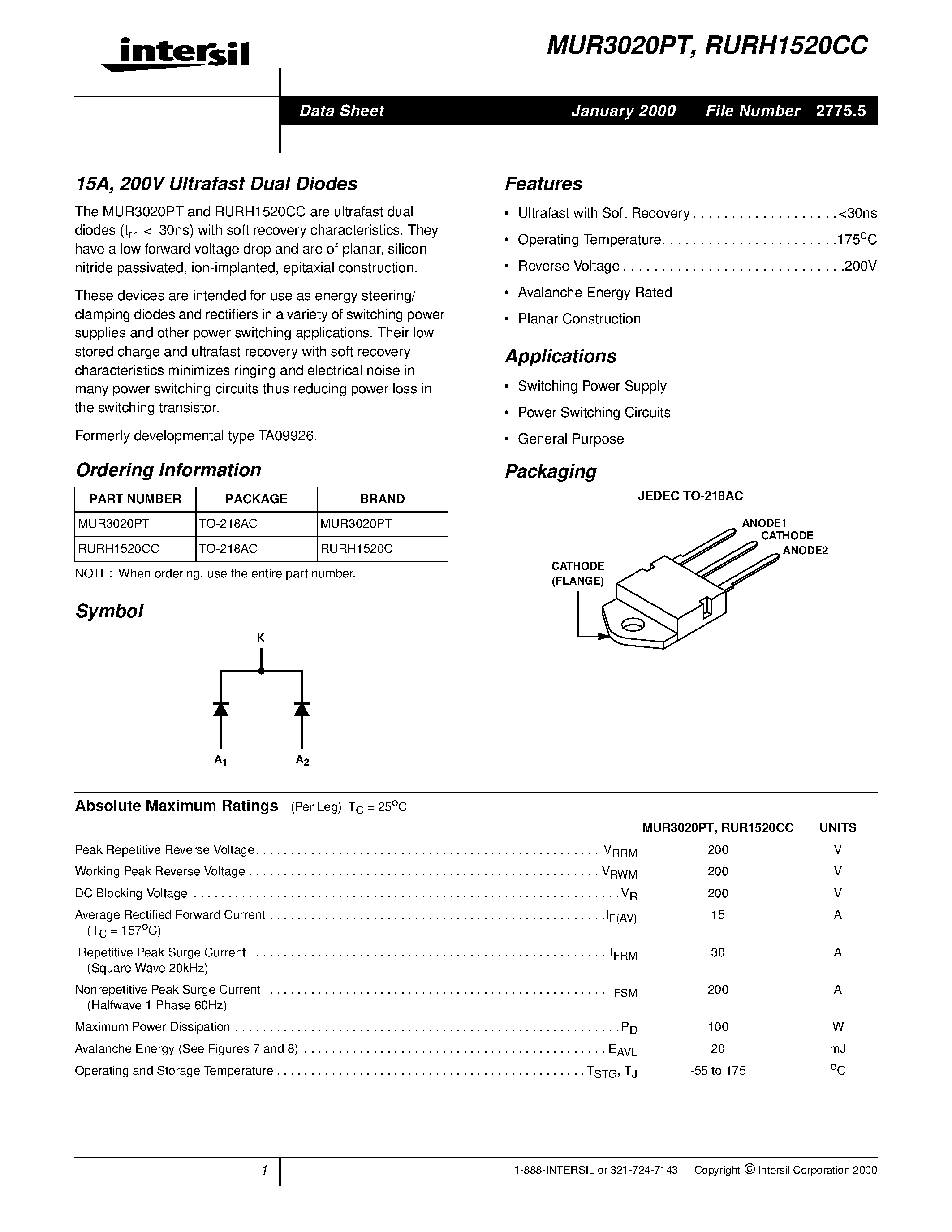 Даташит на микросхему MUR3020PT страница 1 Даташит MUR3020PT - 200V Ultrafast Dual Diodes страница 1
