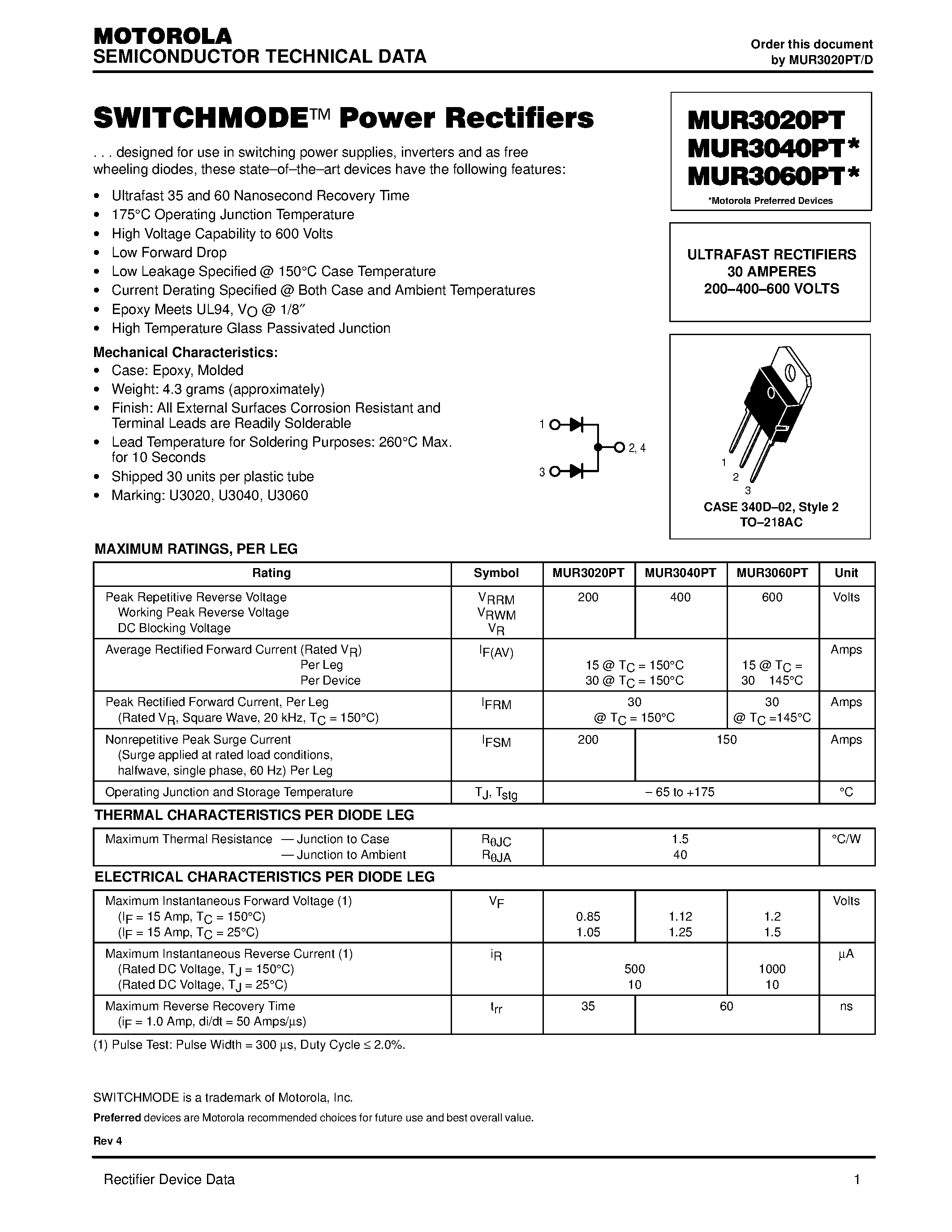Datasheet MUR3020PT - (MUR3020PT - MUR3060PT) ULTRAFAST RECTIFIERS 30 AMPERES 200-400-600 VOLTS page 1
