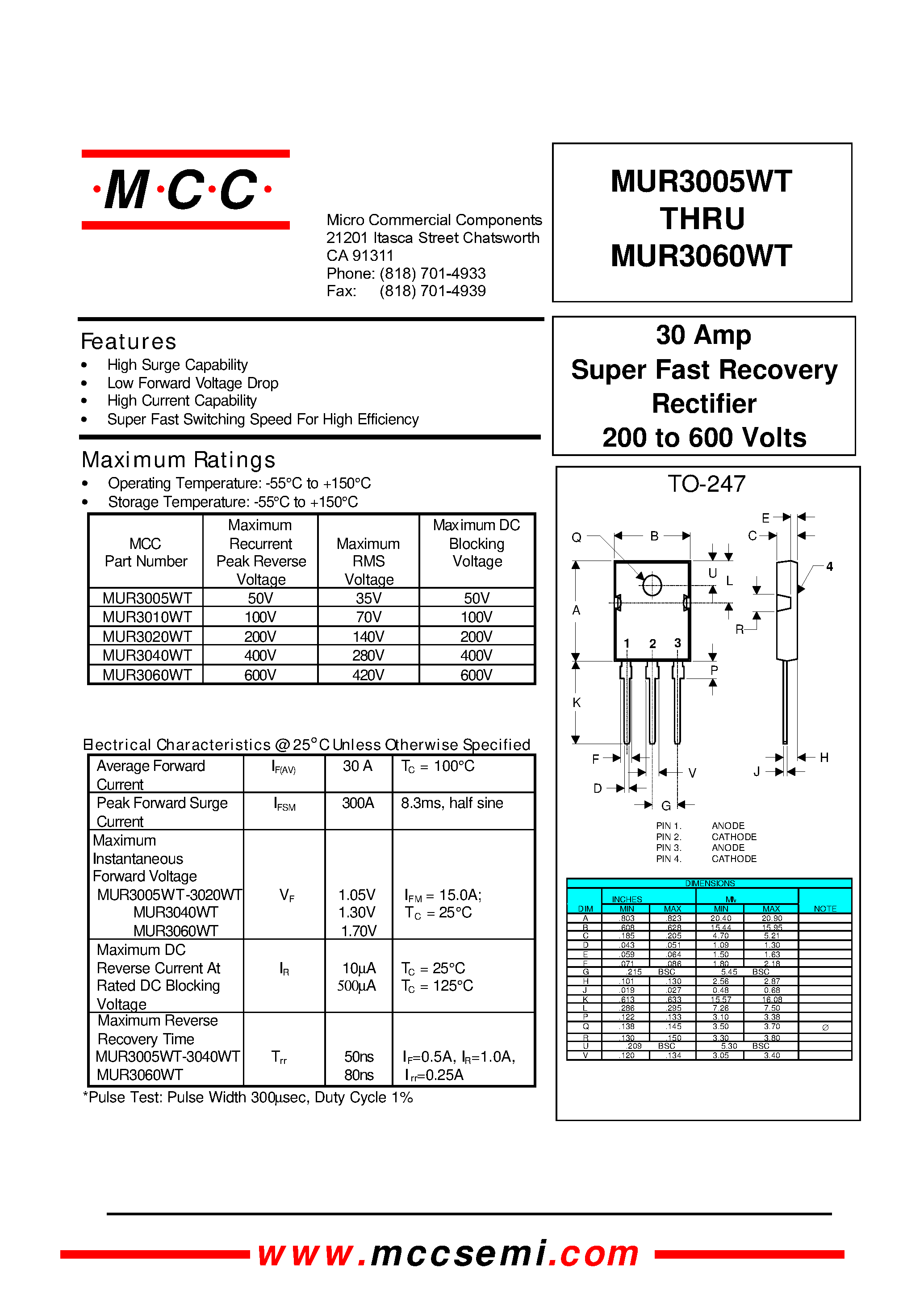 Даташит MUR3005WT - (MUR3005WT - MUR3060WT) 30 Amp Super Fast Recovery Rectifier 200 to 600 Volts страница 1