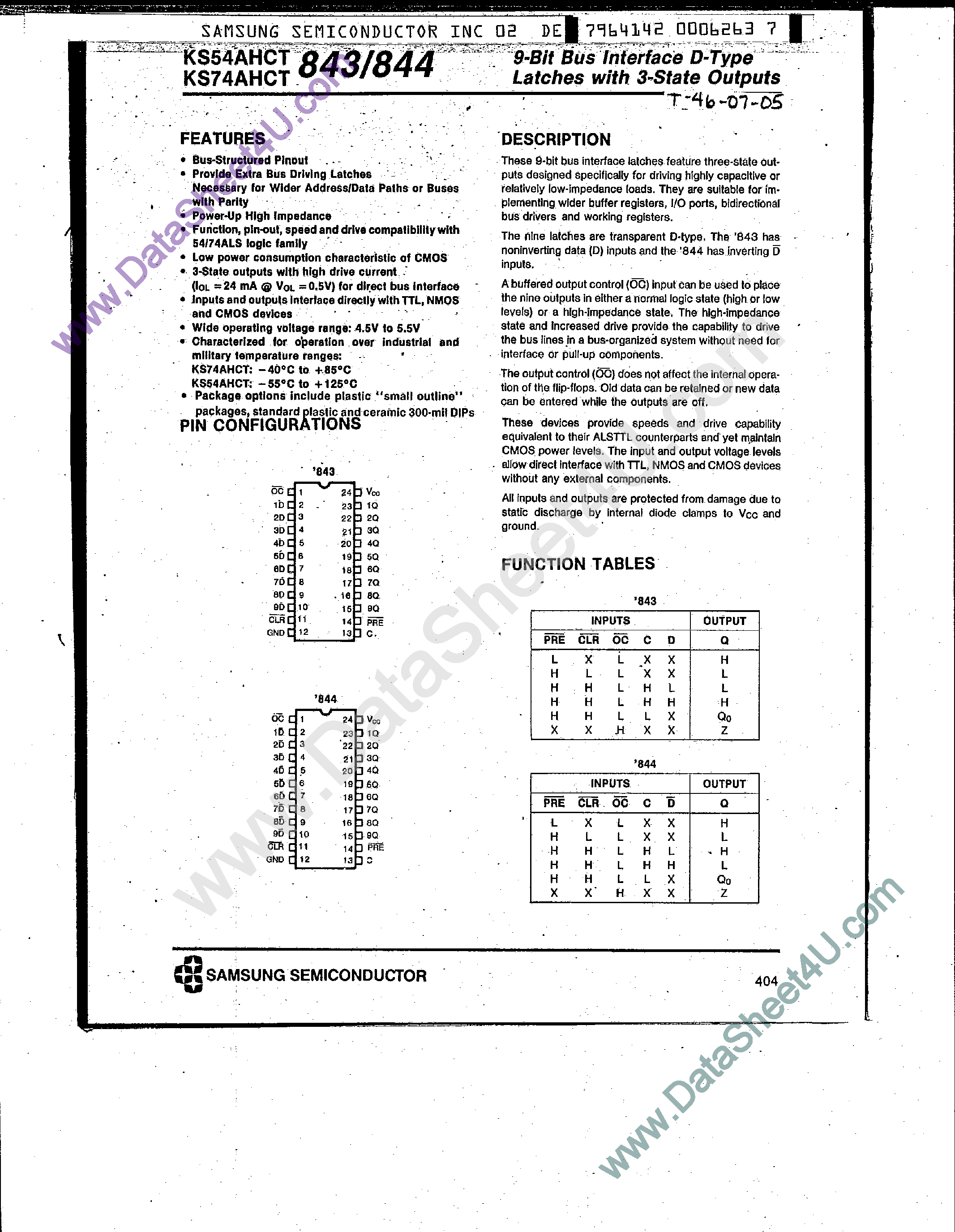 Datasheet KS74AHCT843 - (KS74AHCT843 / KS74AHCT844) 9-Bit Bus Interface D-Type Latches page 1